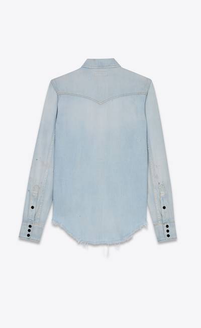 SAINT LAURENT distressed western shirt in dirty sky blue denim outlook