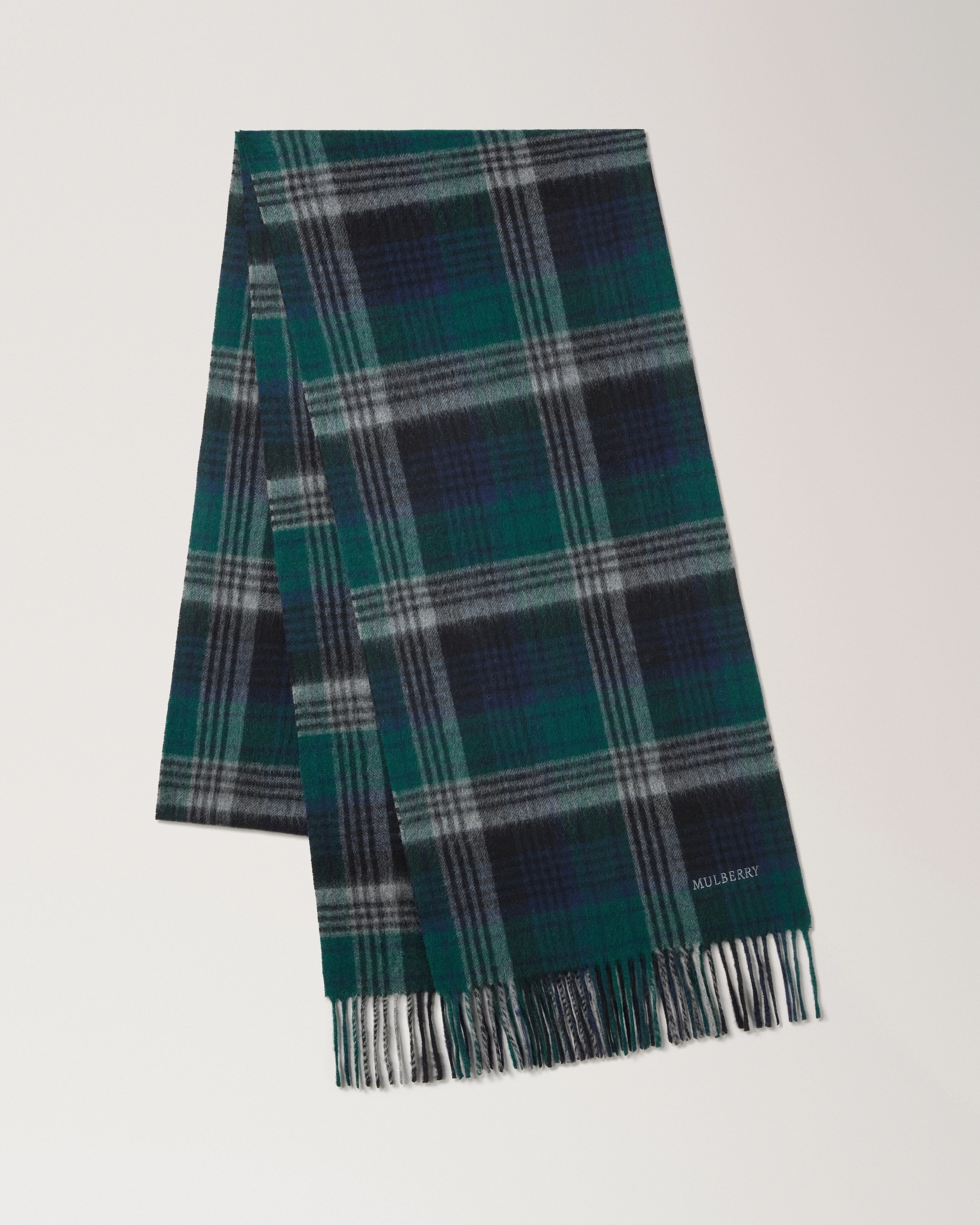 Long Mulberry Heritage Check Scarf Mulberry Green & Night Sky Merino Wool - 1