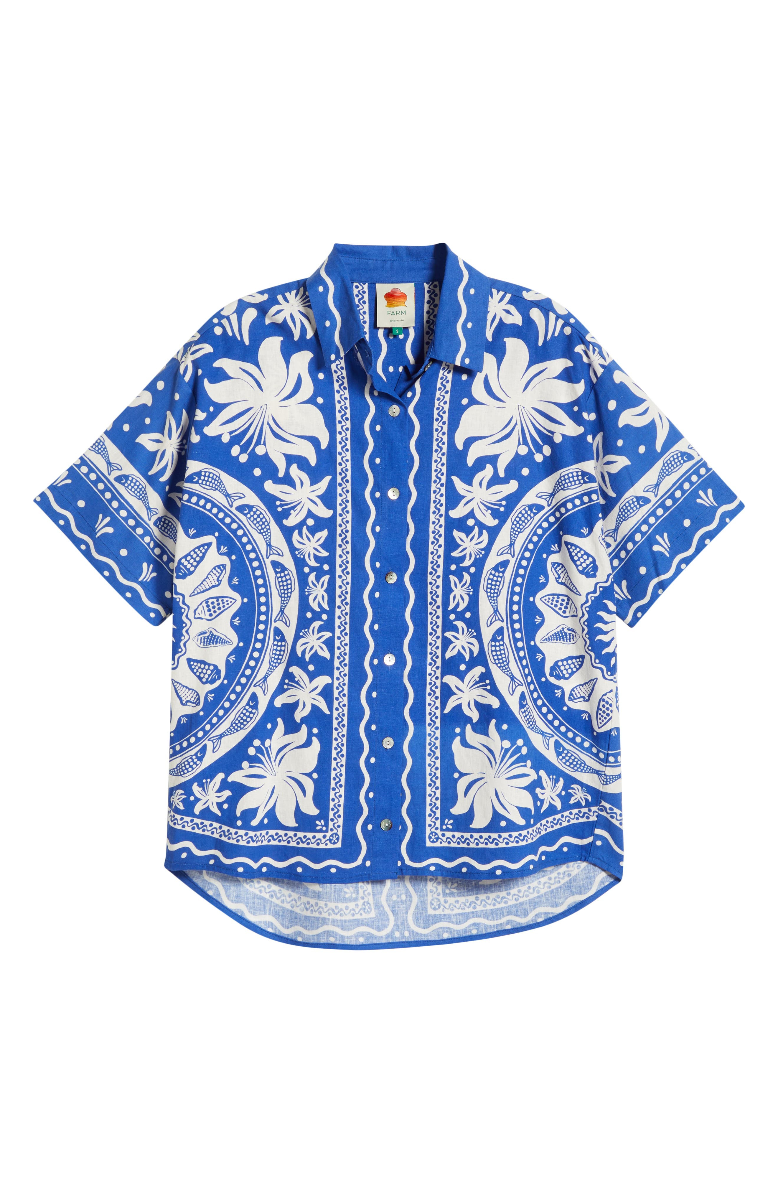 FARM Rio Ocean Oversize Linen Blend Cover-Up Button-Up Shirt in Blue at Nordstrom - 6