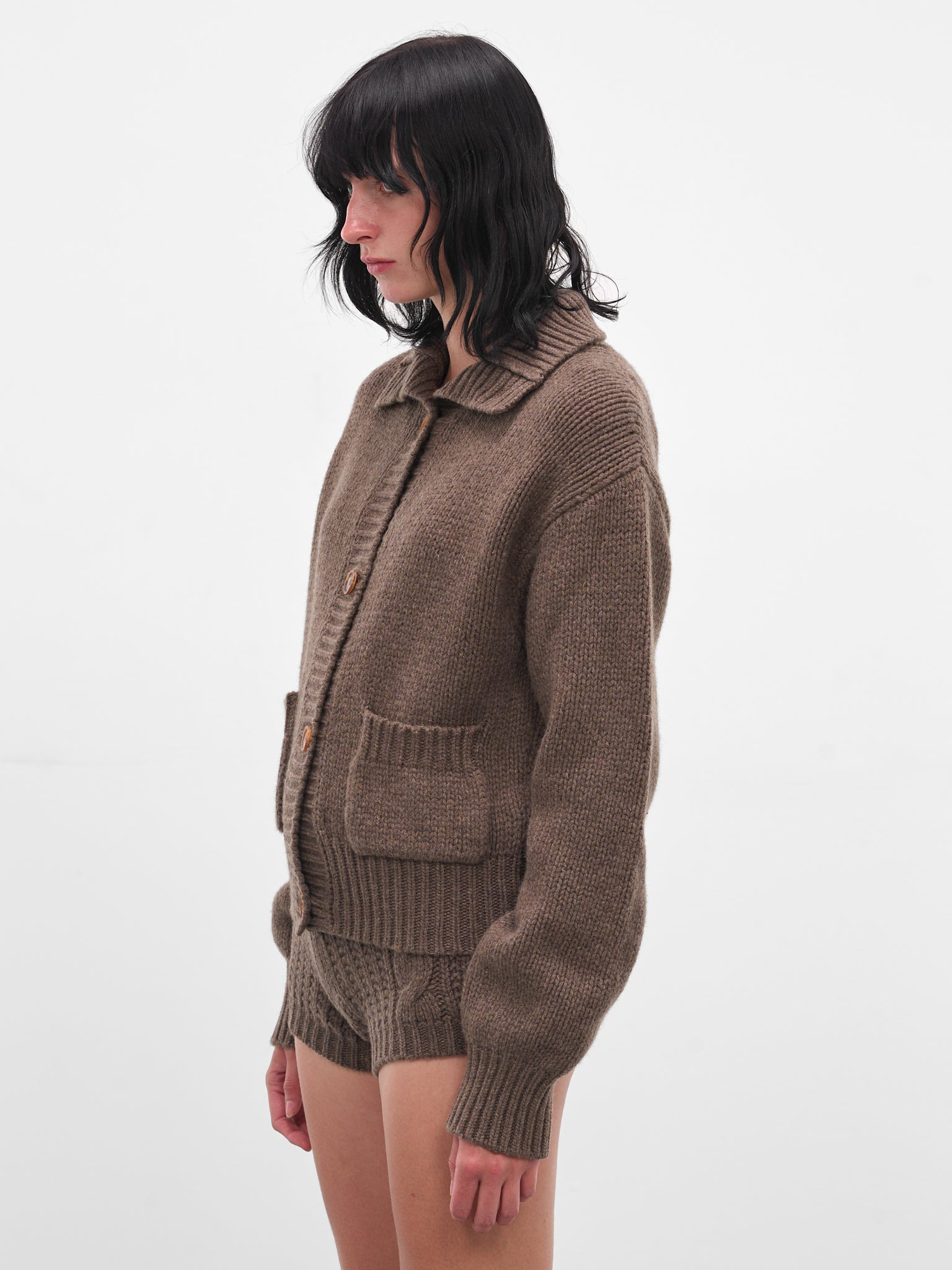 Brown Cashmere Cropped Cable-Knit Cardigan - 2