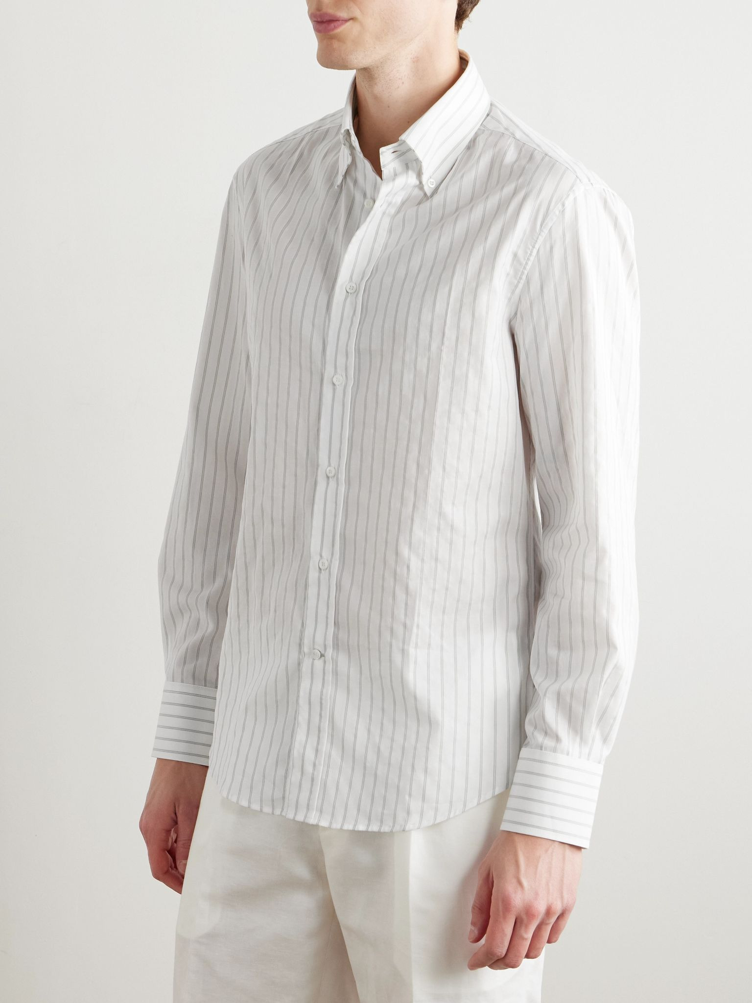 Button-Down Collar Striped Cotton Shirt White - 3