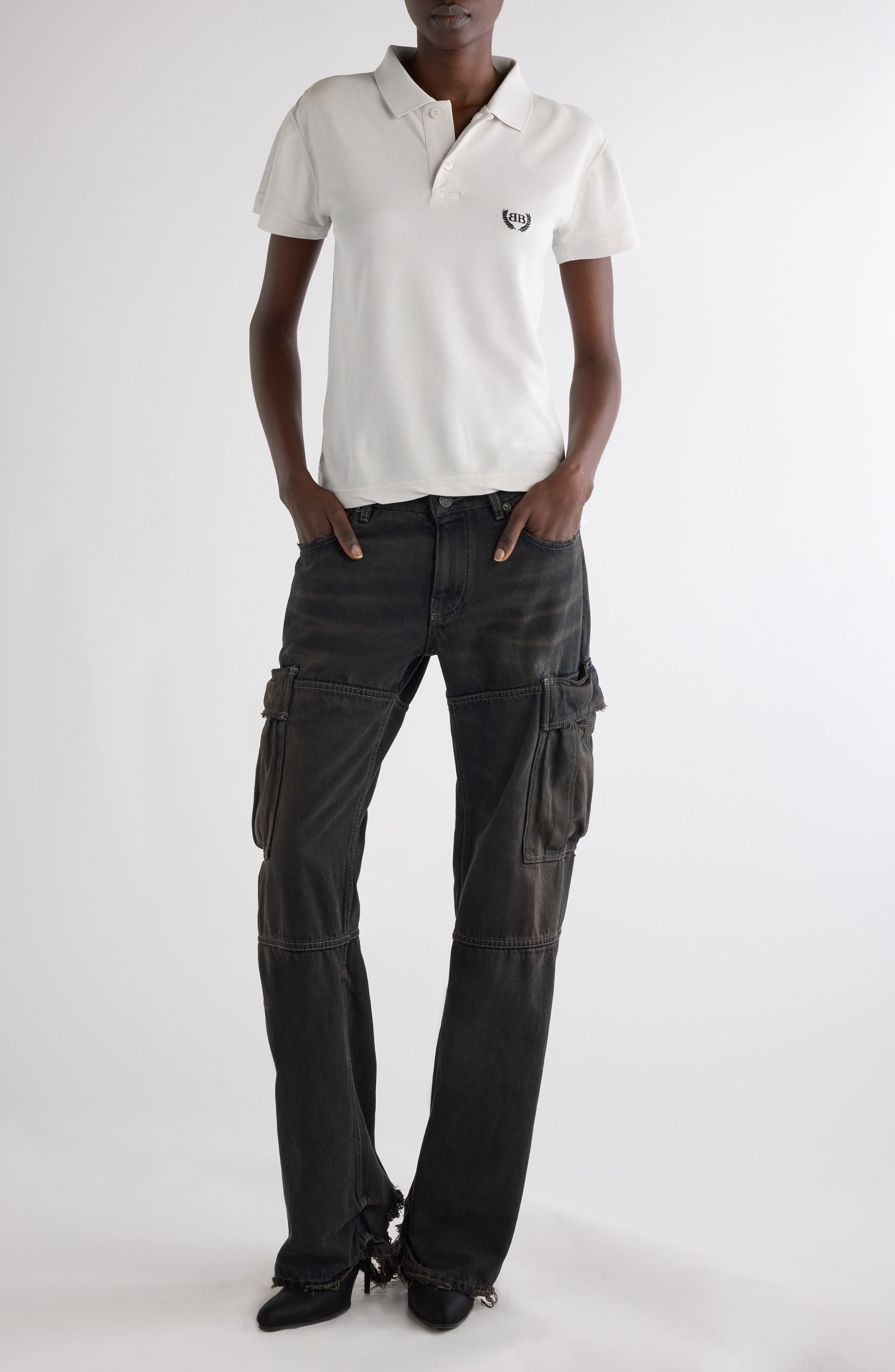 Balenciaga Laurel Embroidered Fitted Cotton Piqué Polo in 9012 Dirty White at Nordstrom - 2