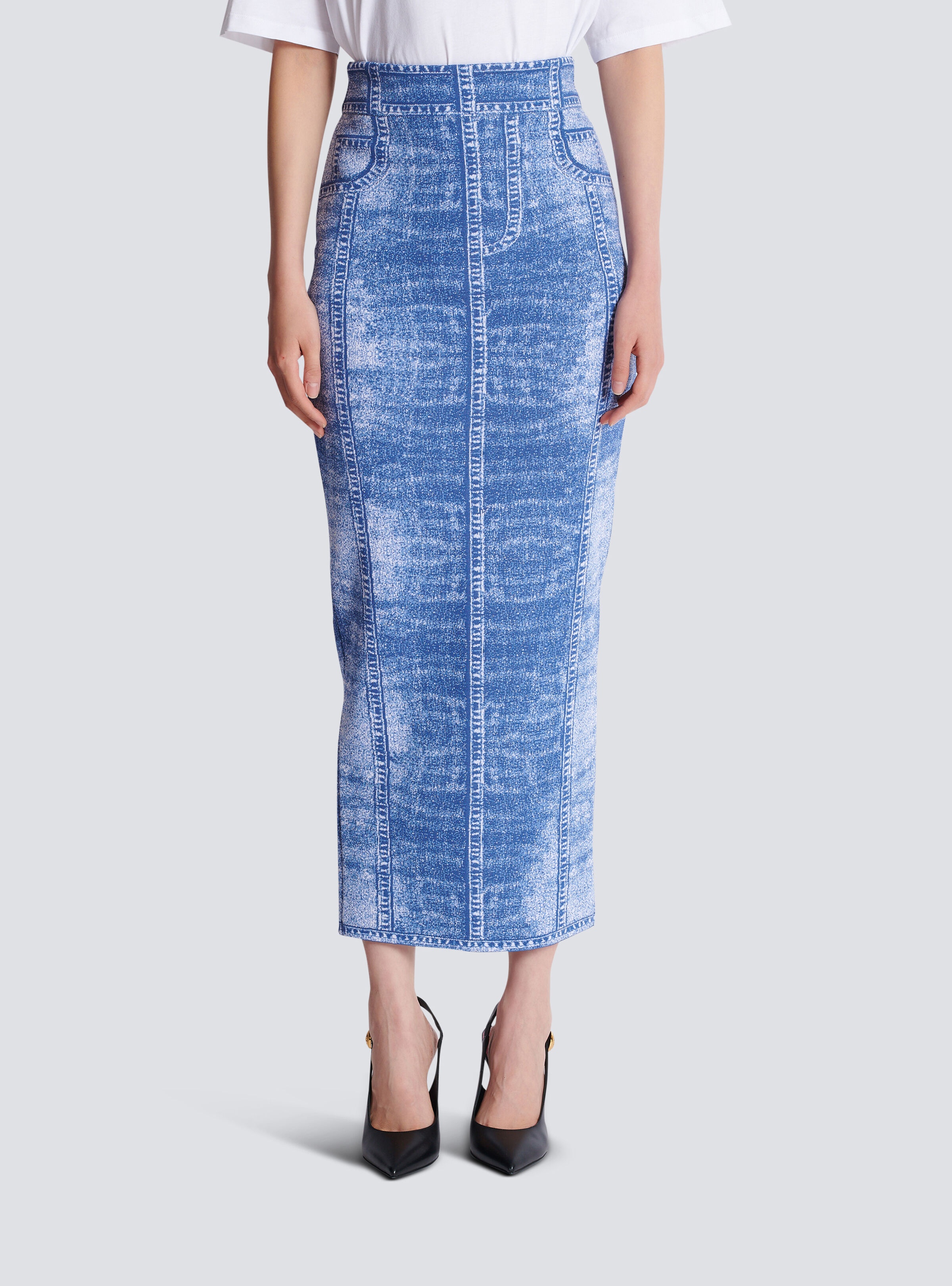 Midi skirt in jacquard knit with denim effect - 5
