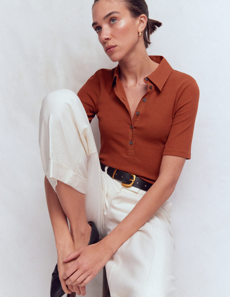 Collared Ribbed Henley Top-Burnt Orange 5