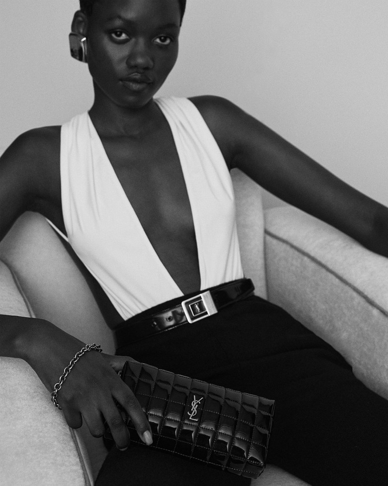 SAINT LAURENT CASSANDRE MATELASSÉ CARRÉ POUCH ON CHAIN IN SHINY CANVAS outlook
