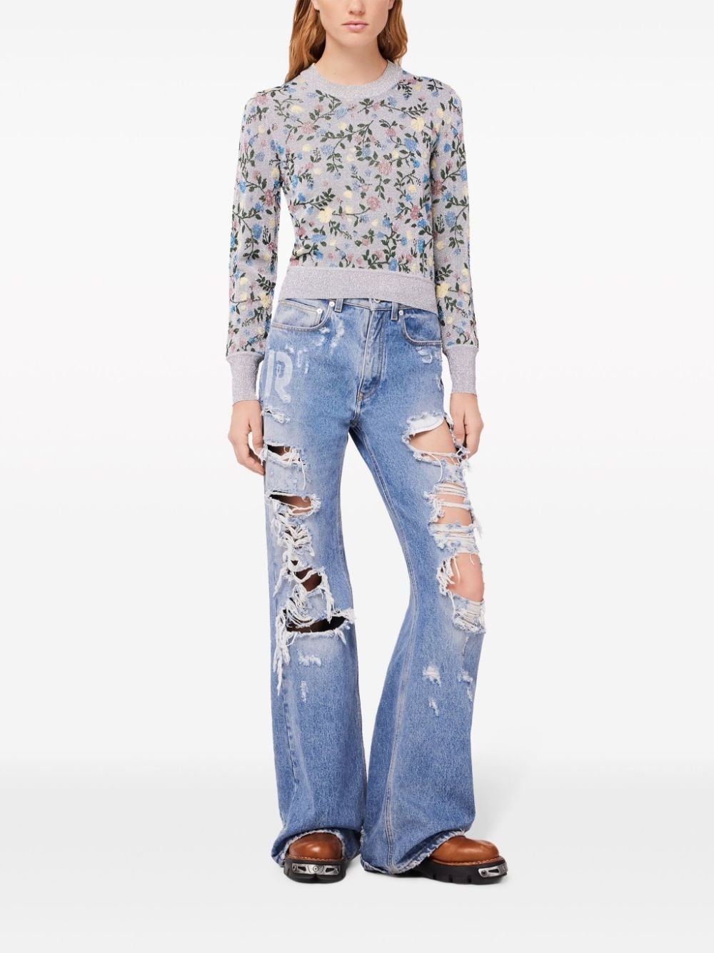 ripped-detailing cotton wide-leg jeans - 2