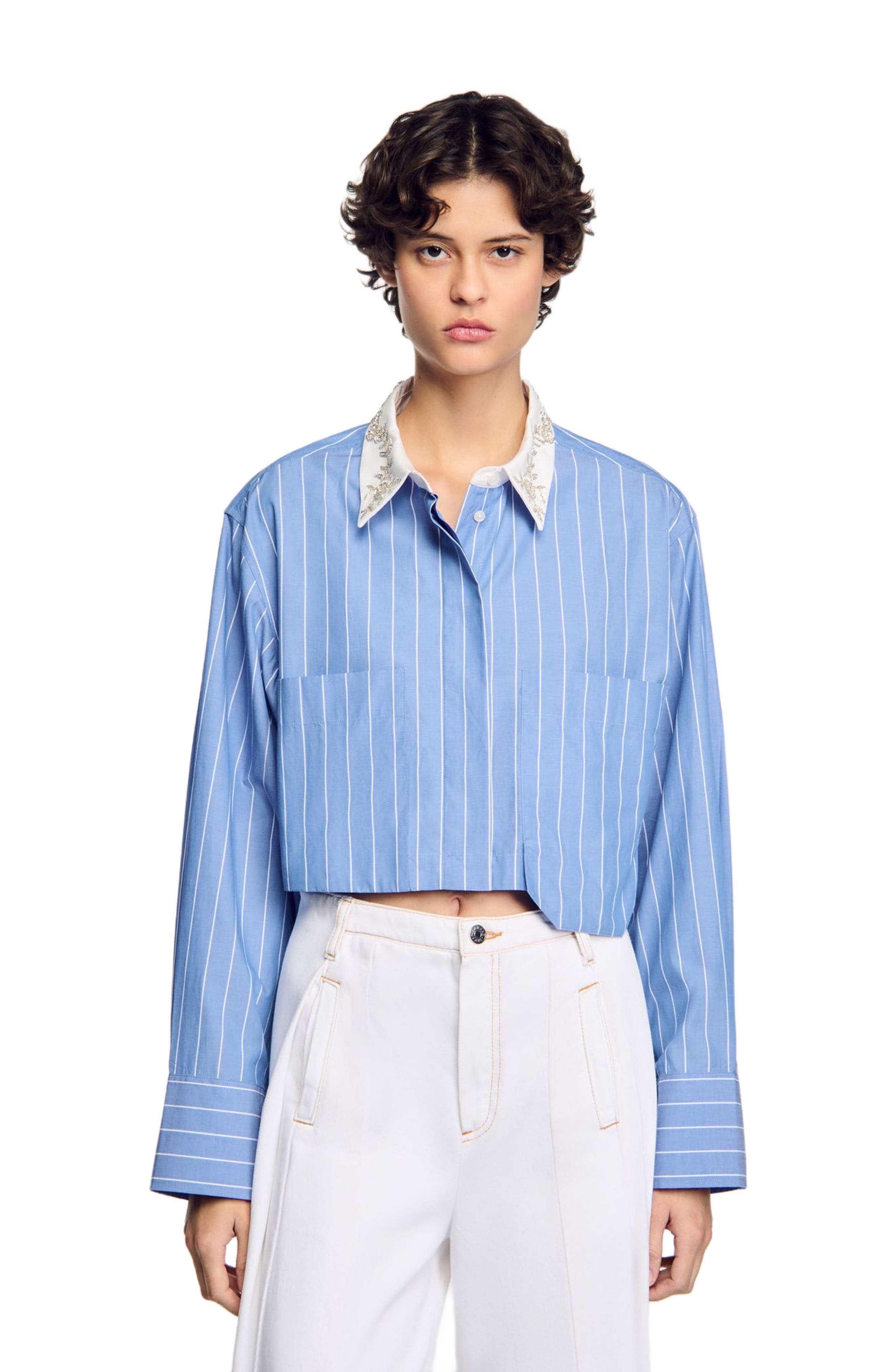 SANDRO Striped cropped shirt in Sky Blue at Nordstrom - 3