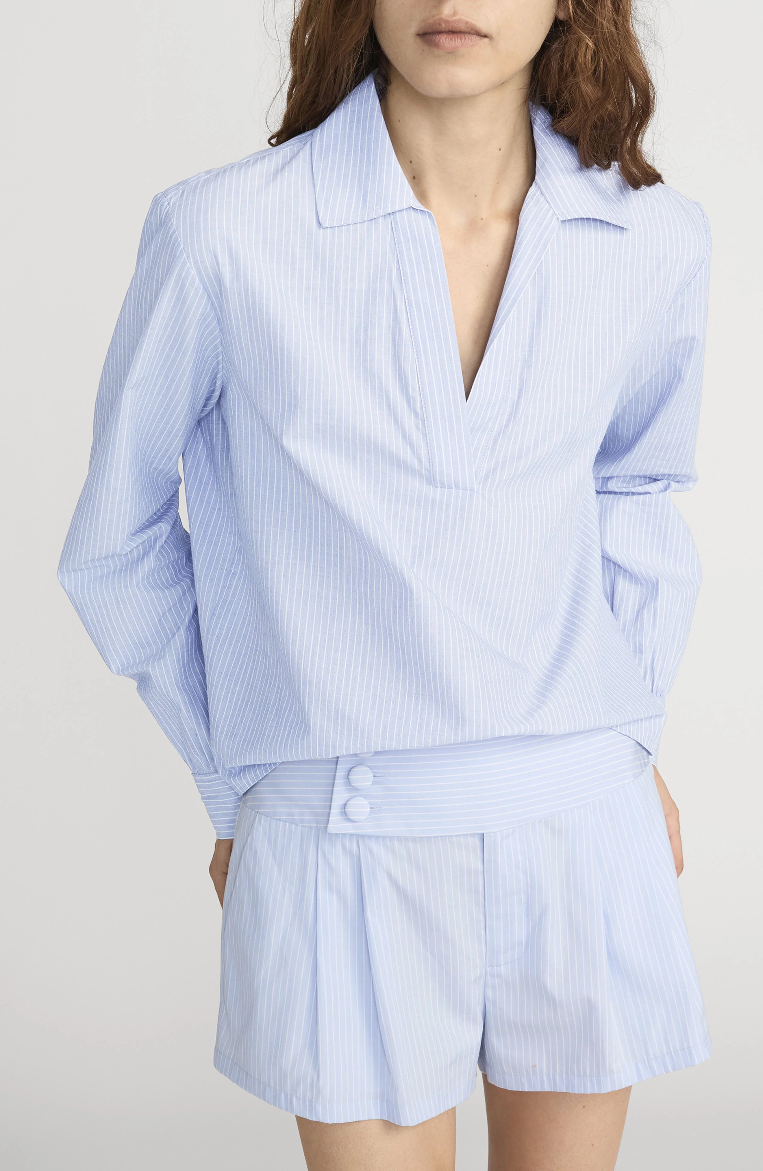 FRAME The Stripe V-Neck Popover Top in Venice Blue Multi at Nordstrom - 1