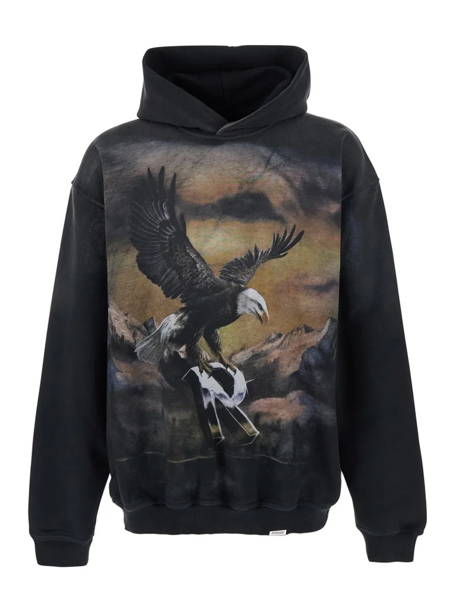 Represent Black Hoodie With Maxi Print On Front And Rear And Dropped Shoulders In Cotton Man - 1