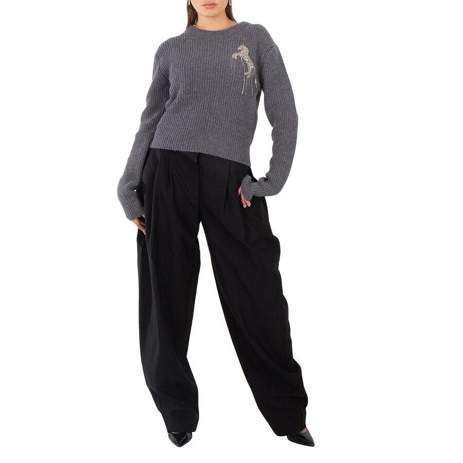 Stella McCartney Grey Wool Cropped Horse Chain Embroidered Jumper - 6