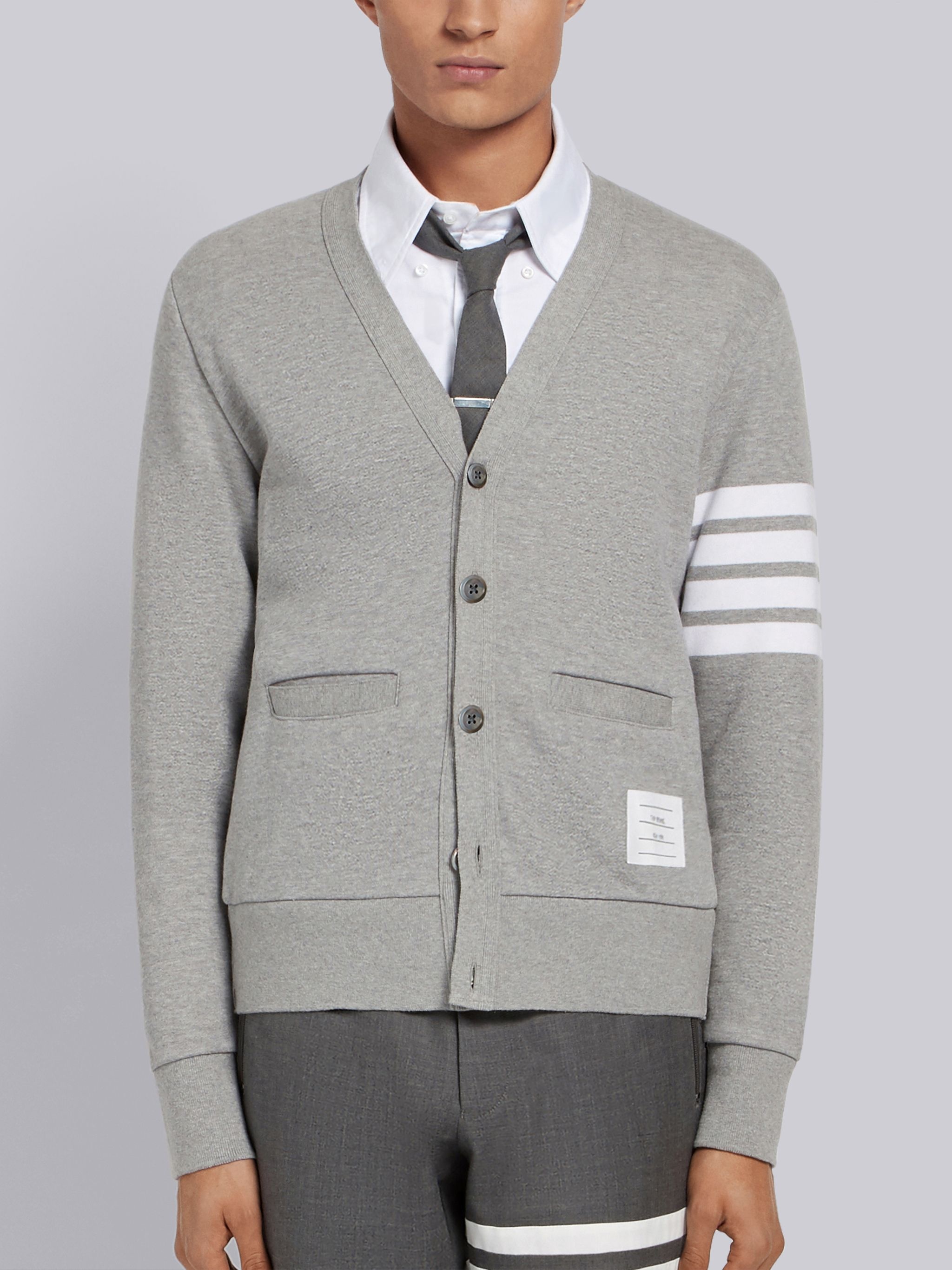 Light Grey 4-Bar Loopback Jersey V-Neck Cardigan - 1