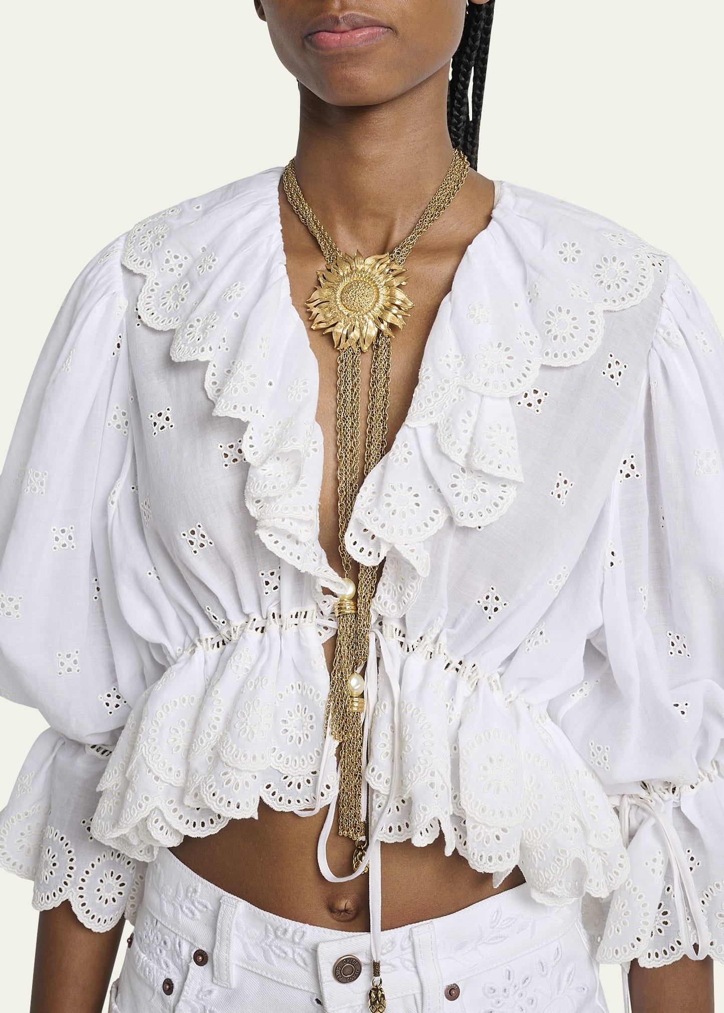 Eyelet Cotton Ruffle Crop Peasant Blouse - 5