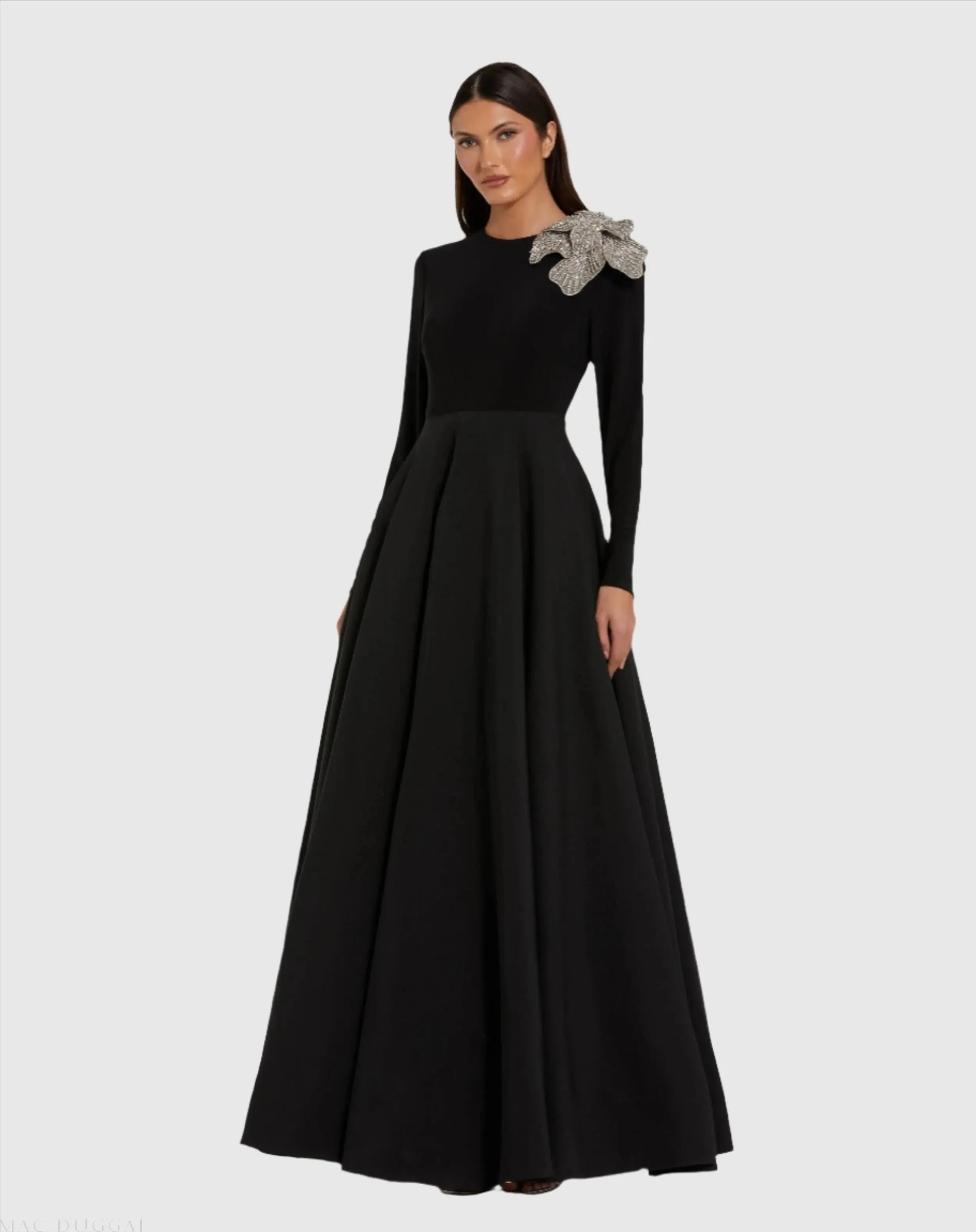 Black Long Sleeve Ball Gown With Rhinestone Flower - 1