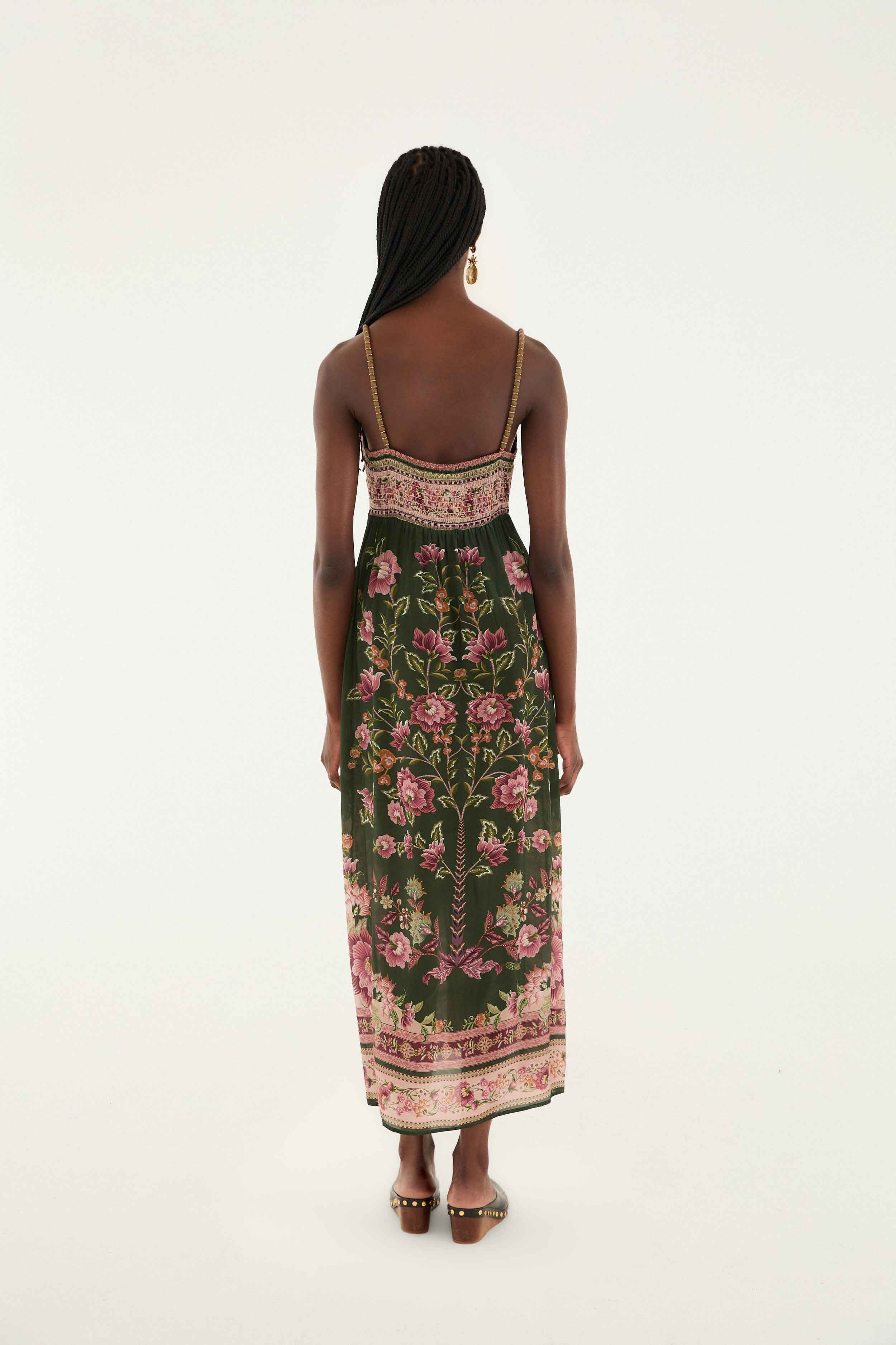 Green Flowering Garden Tree Sleveeless Midi Dress - 4