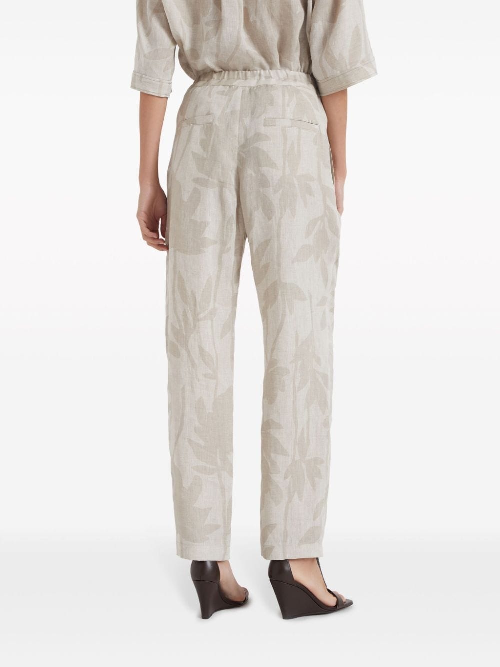 floral-jacquard linen tapered trousers - 4