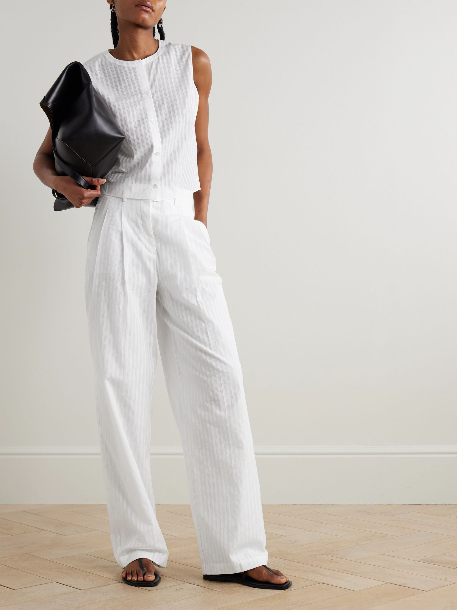 Pleated cotton-jacquard wide-leg pants White - 2