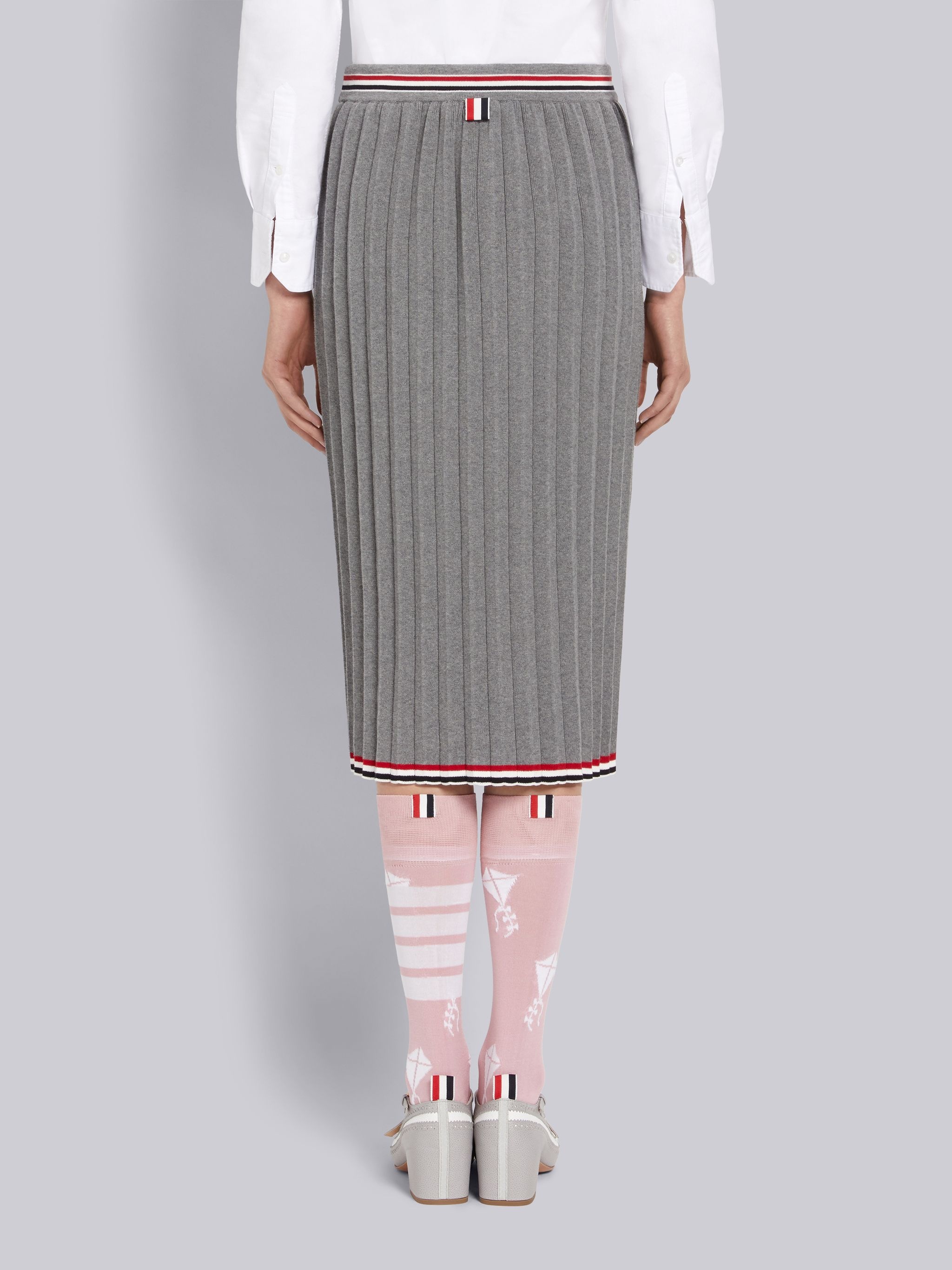 Light Grey Cable Texture Overtwisted Cotton Stripe Framing Accordion Pleat Knee Length Skirt - 3