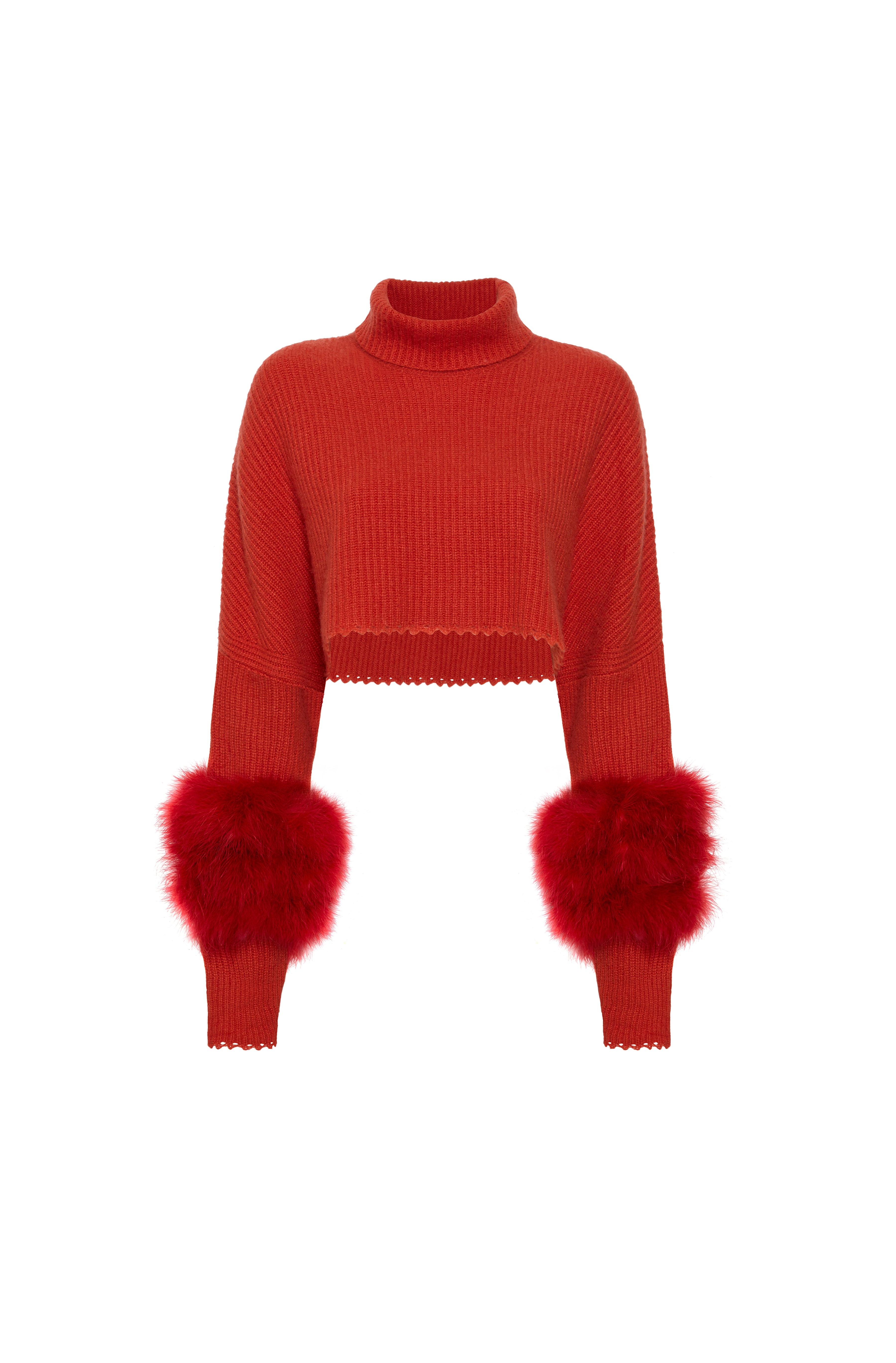 Airy Cashmere Cropped Turtleneck With Marabou Feathers - 1