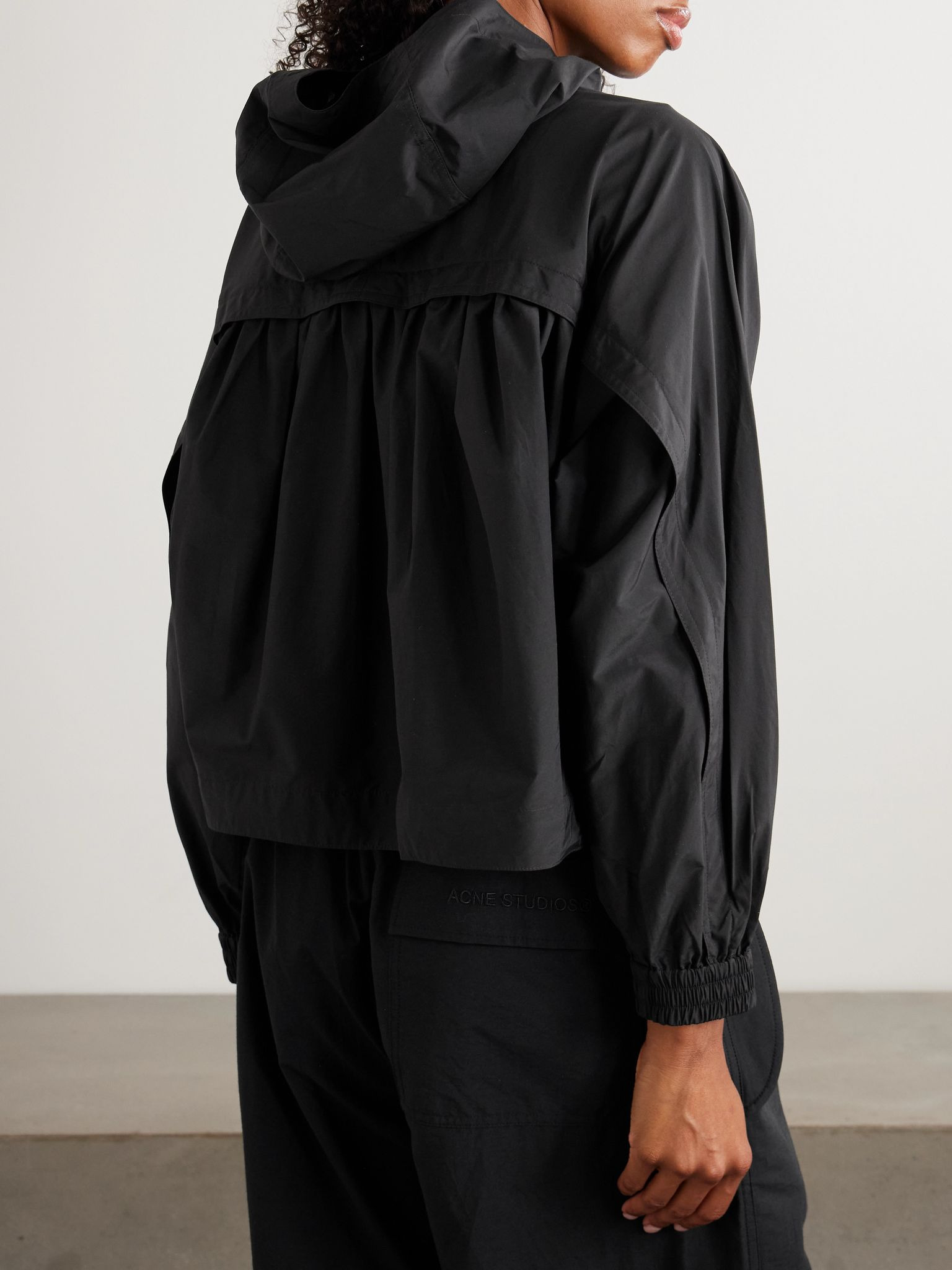 Hooded gathered cotton-blend shell jacket Black - 4
