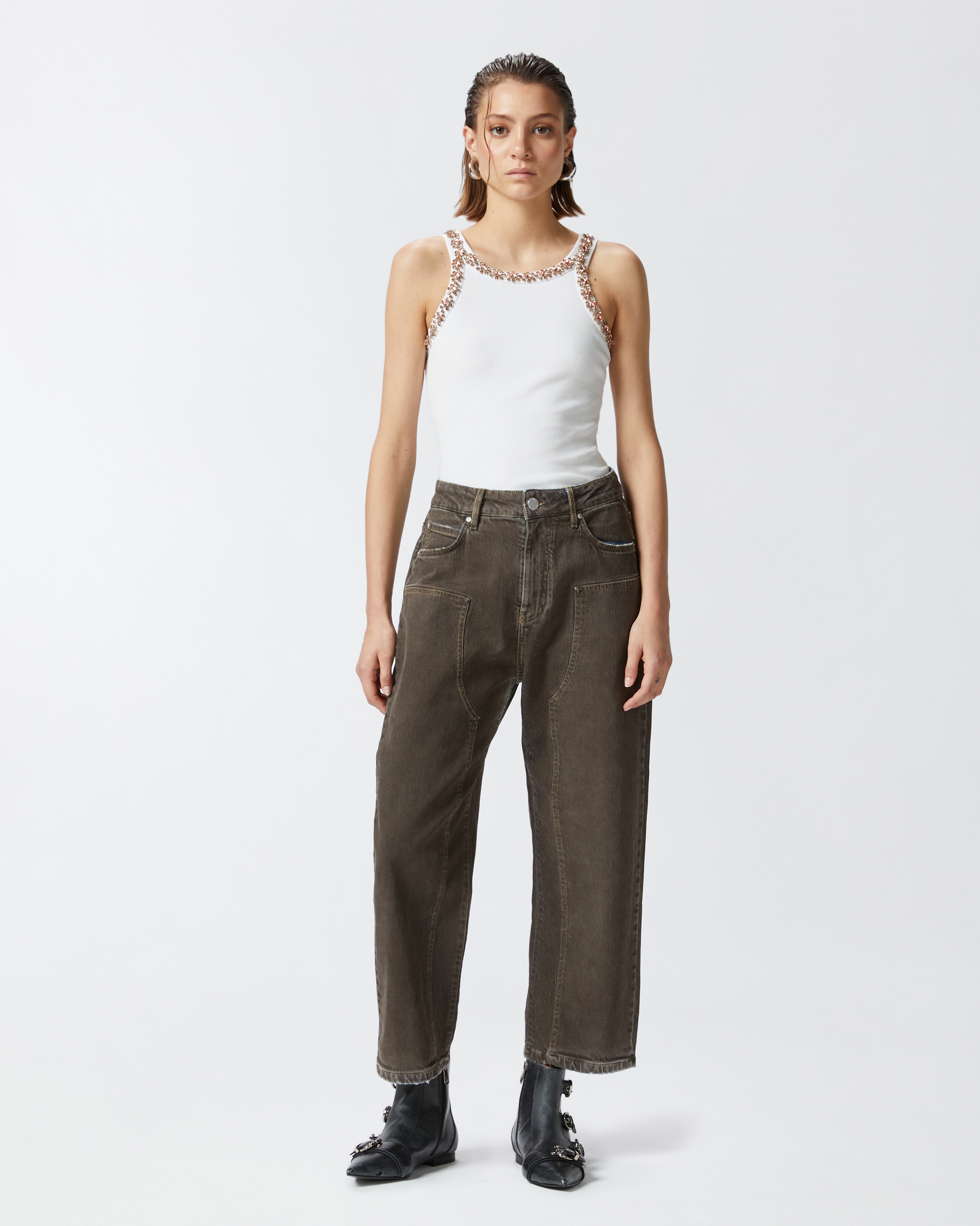 WIDE-LEG DENIM JEANS WITH BROWN SPRAY - 2