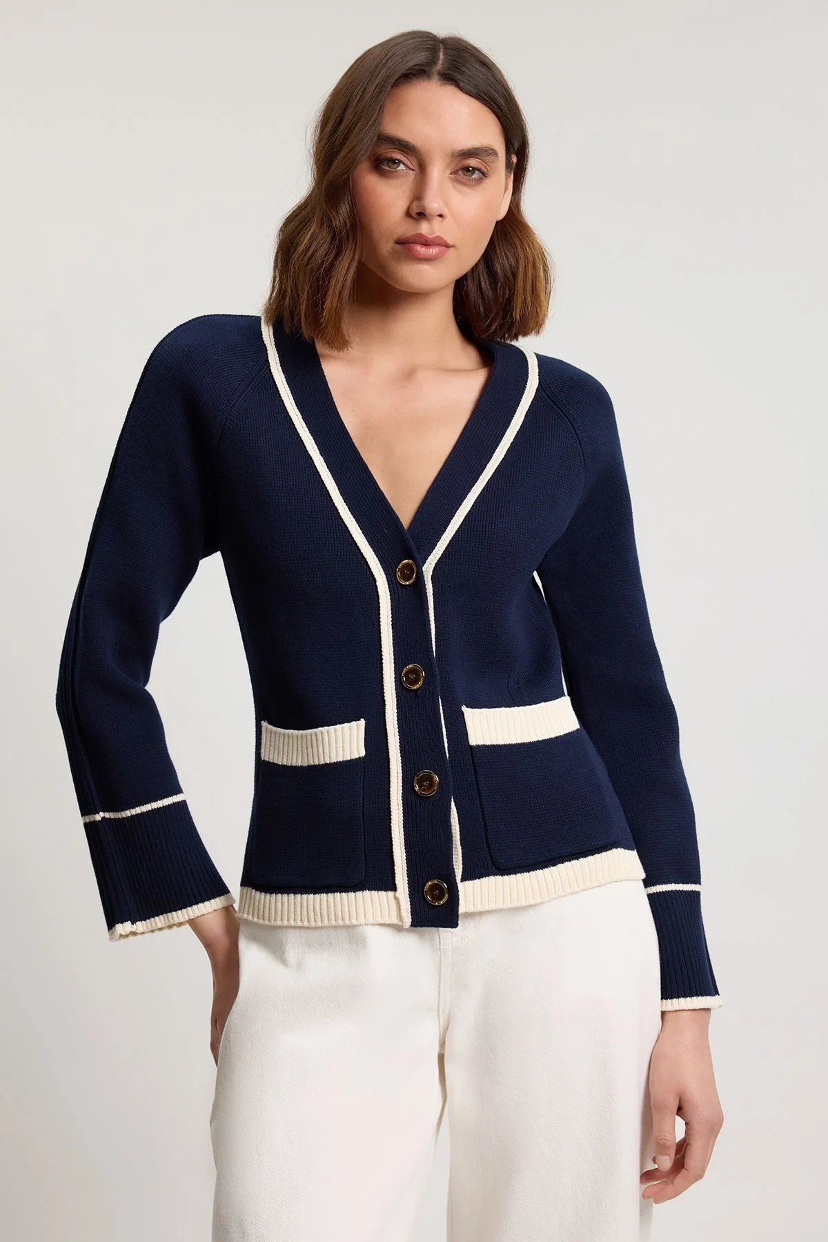Knit Cotton Contrast Tipped Cardigan - 1