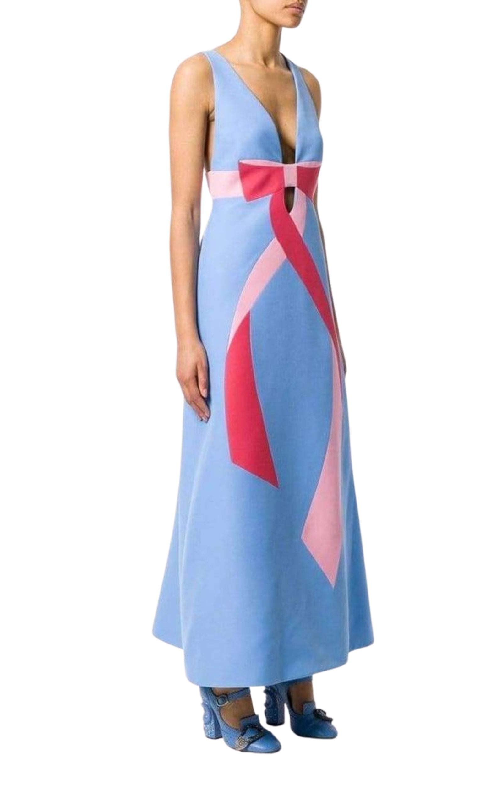 Floor-Length Bow Detail with V Neck Gown - 5
