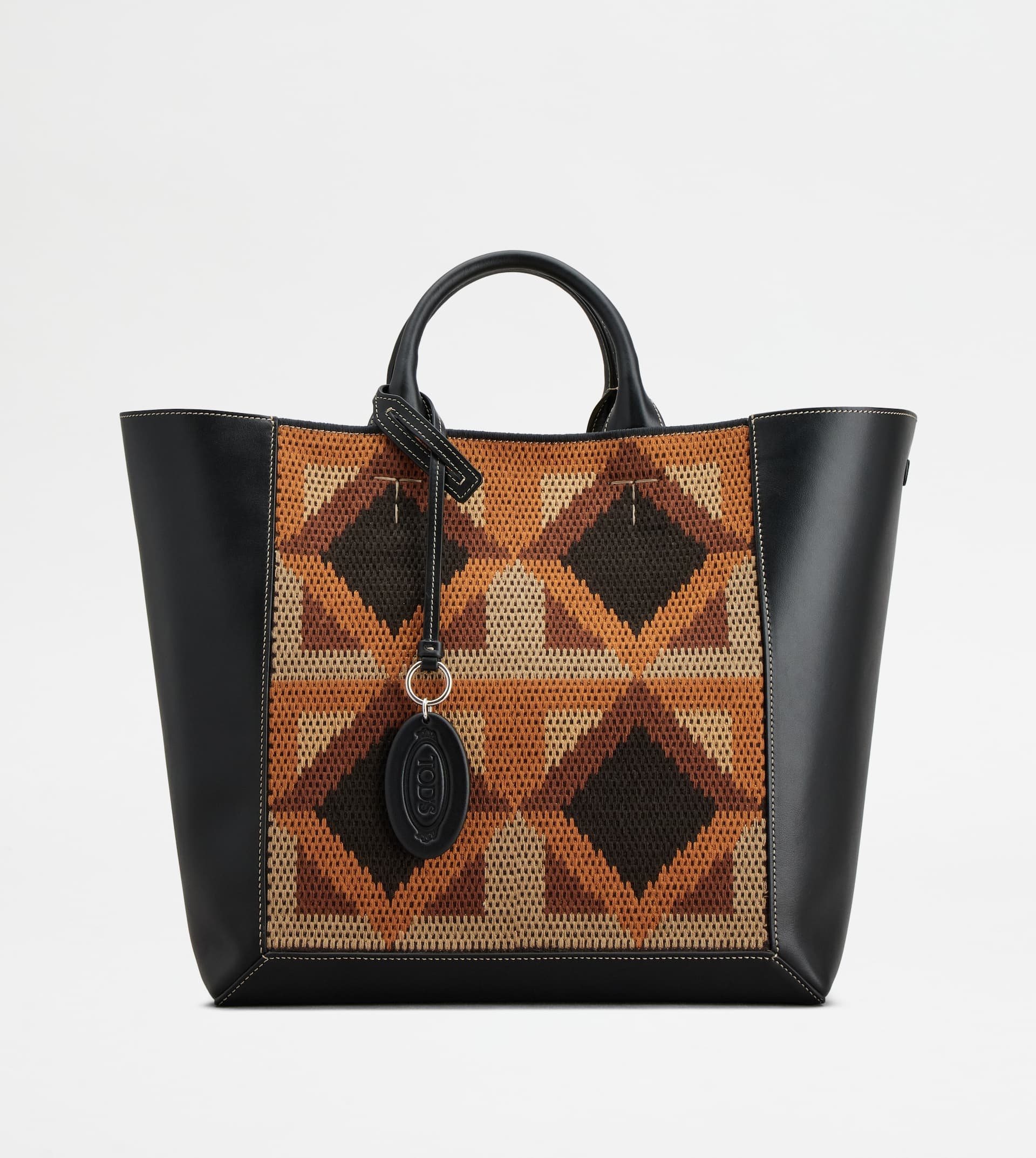 TOD'S DOUBLE UP SHOPPING BAG IN LEATHER AND FABRIC MEDIUM - BLACK, BEIGE, ORANGE - 1