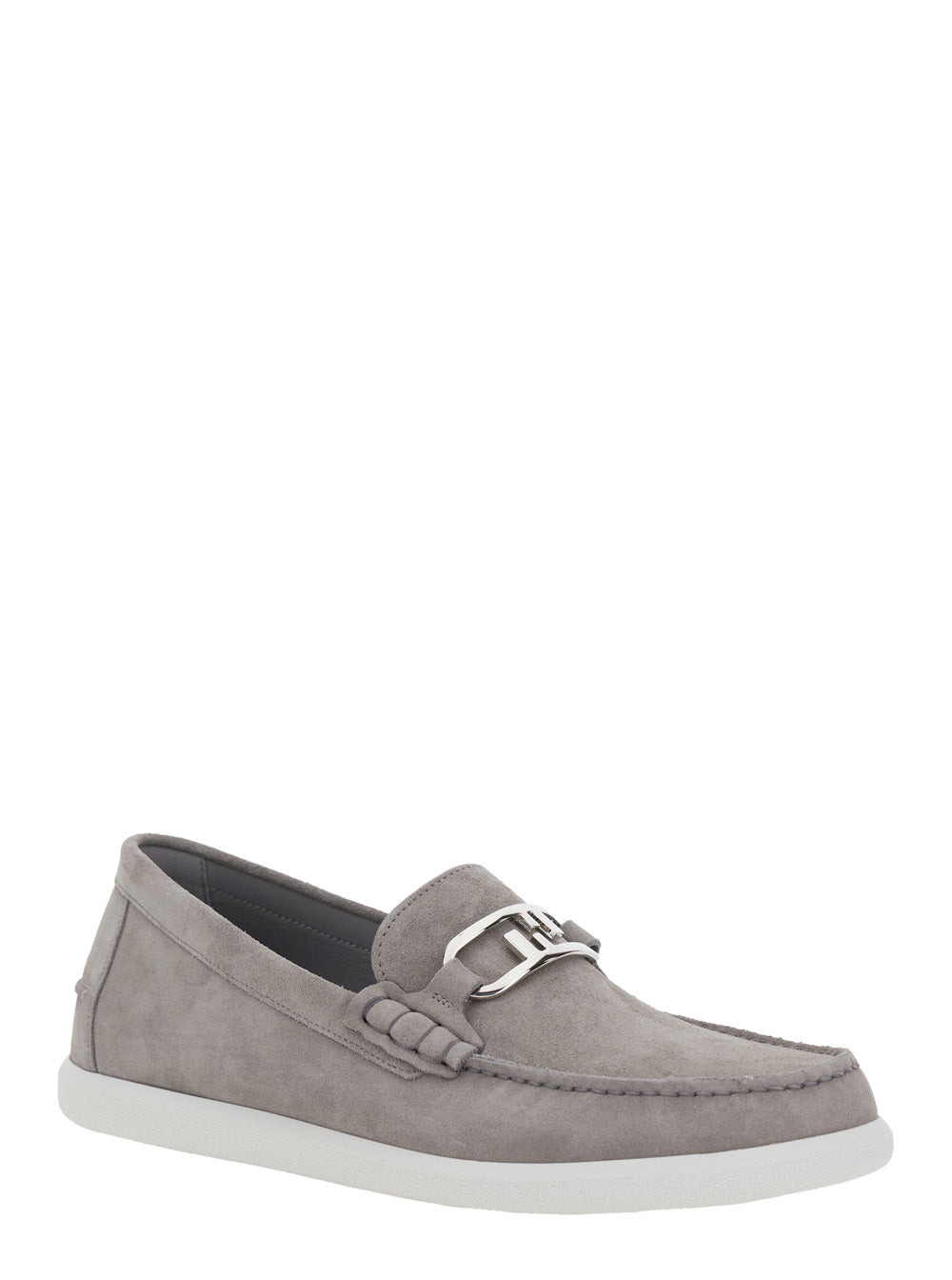 Fendi Men Grey Loafers With Ff Metal Buckle And Contrasting Sole In Suede Man - 2