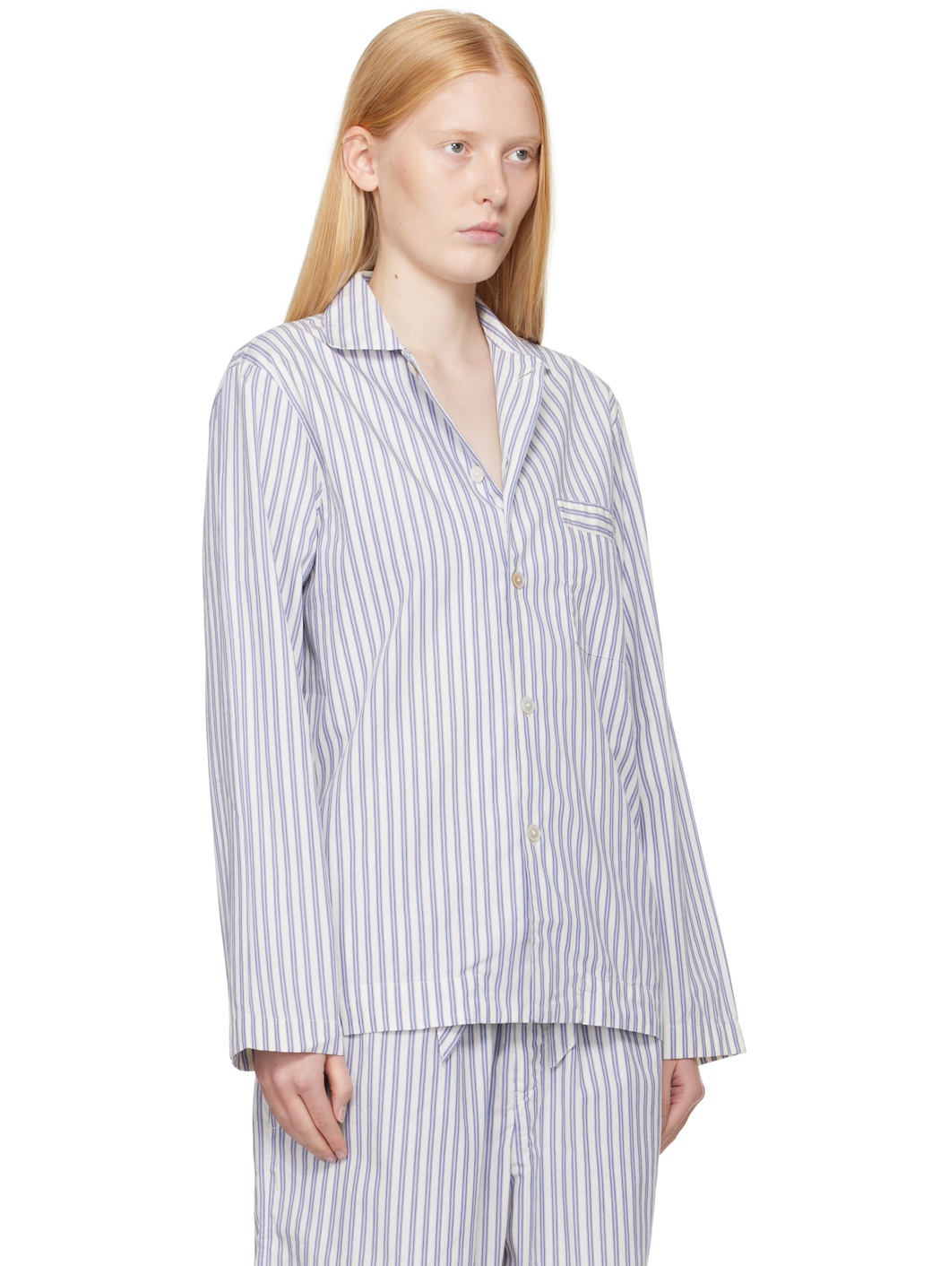 White & Blue Poplin Long-Sleeved Pyjama Shirt - 2