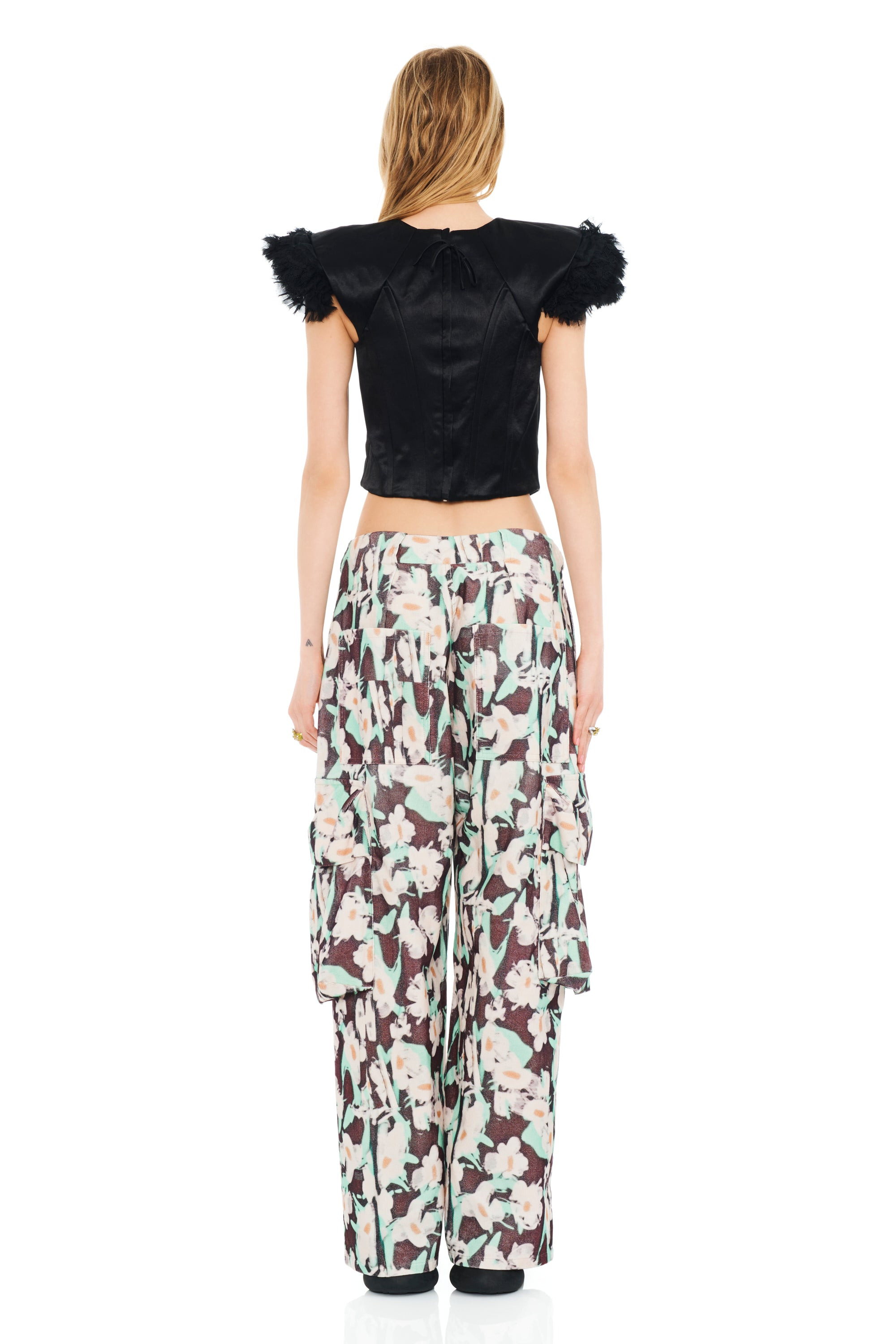 BLACK PAINTED DAISY PLEATED CARGO PANT - 5