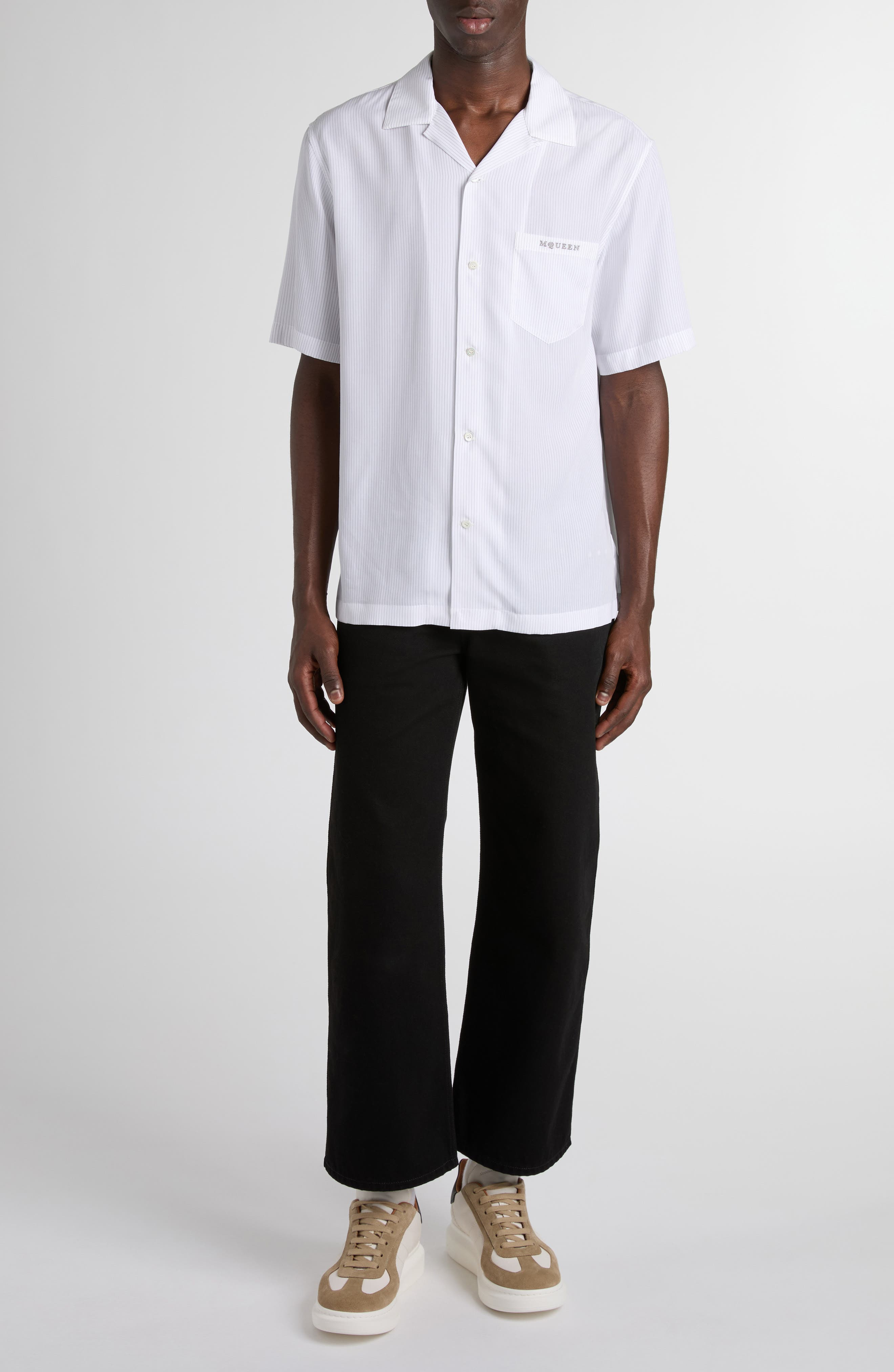 McQueen Pinstripe Logo Embroidered Camp Shirt in White-Charcoal at Nordstrom - 1