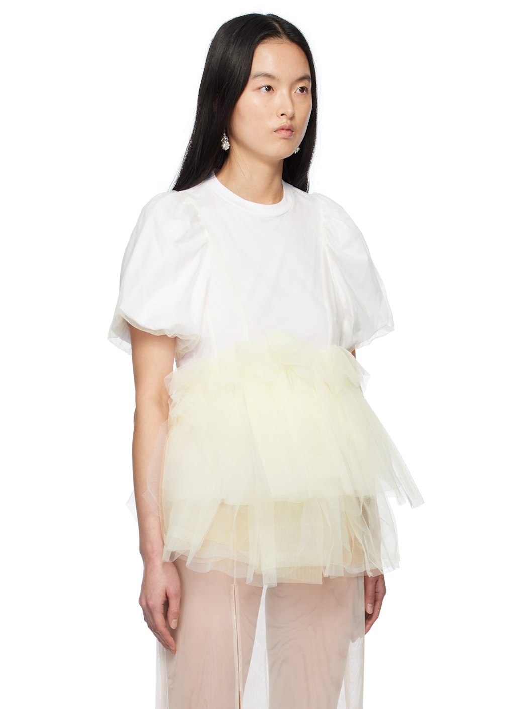 White Tulle Overlay Puff Sleeve Tutu Hem T-shirt - 2