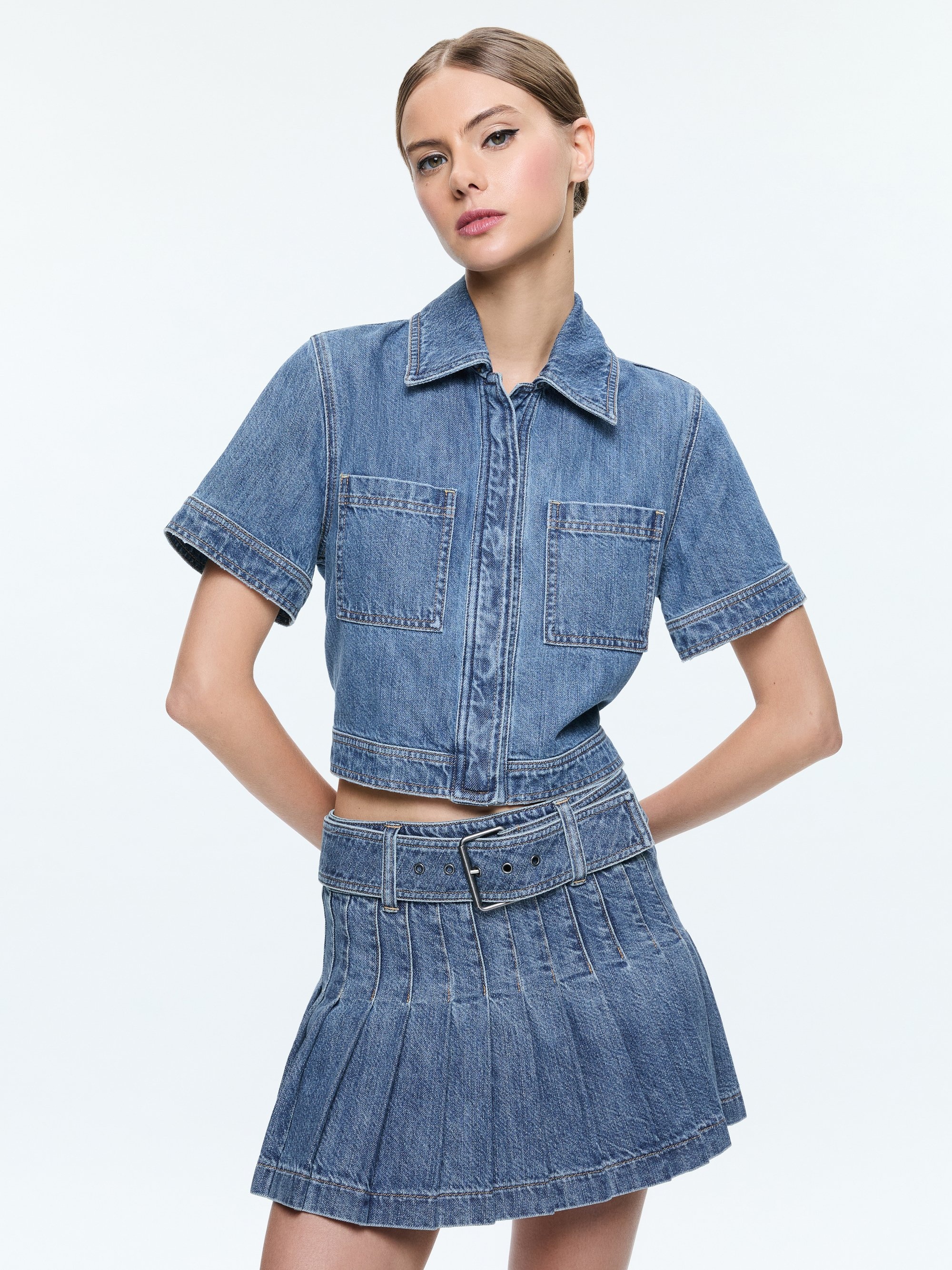 TESHA SHORT SLEEVE CROPPED DENIM BUTTON DOWN - 2