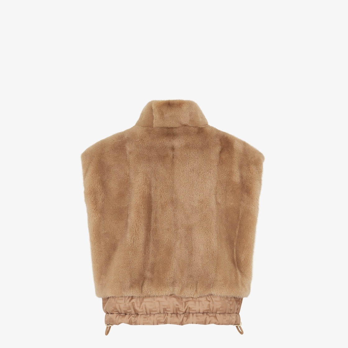 Short reversible vest with high collar and drawstring hem. One side has zipper pockets, the other hi - 2