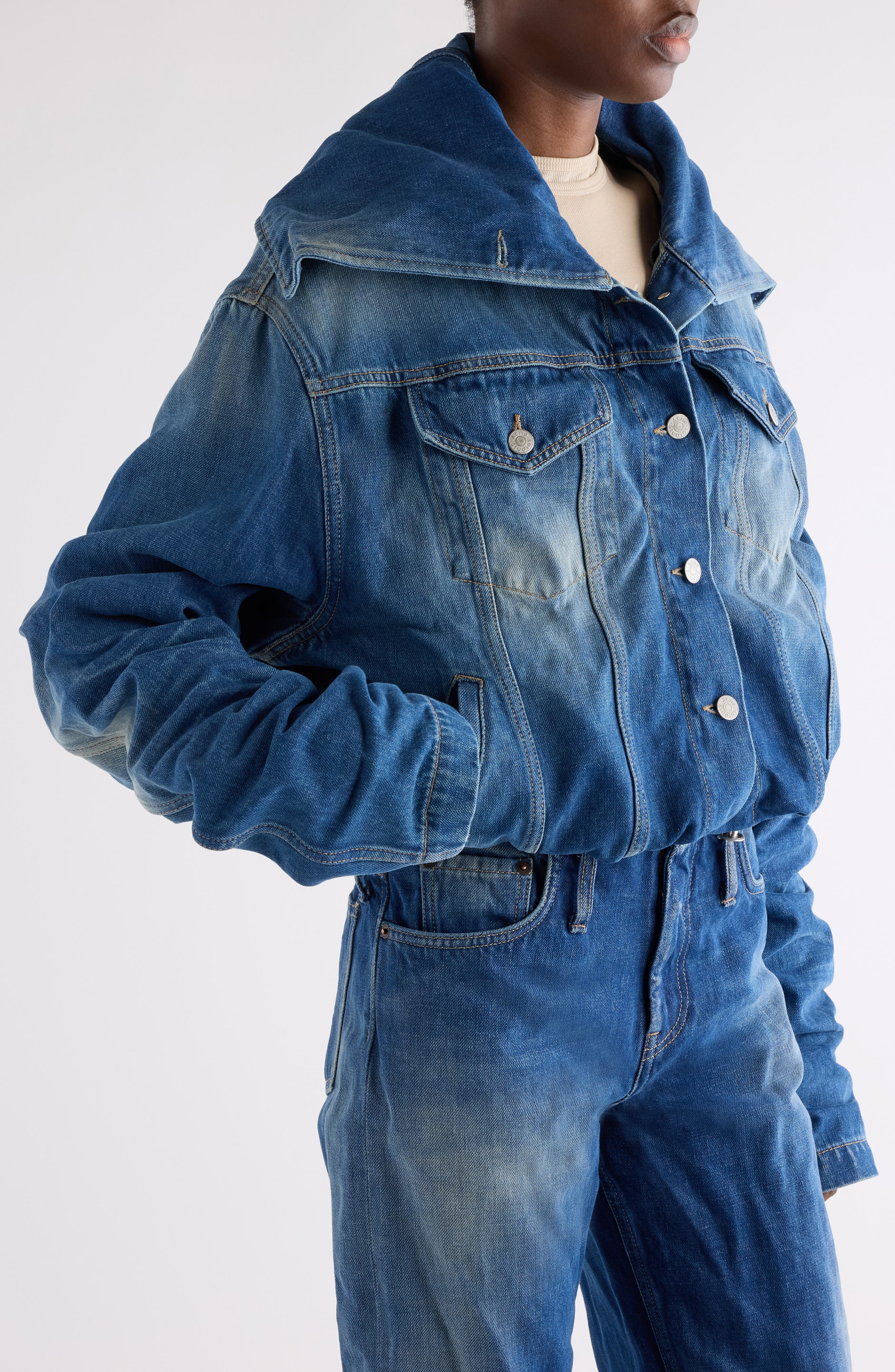 Acne Studios Orim Ruched Sleeve Denim Jacket in Mid Blue at Nordstrom - 5