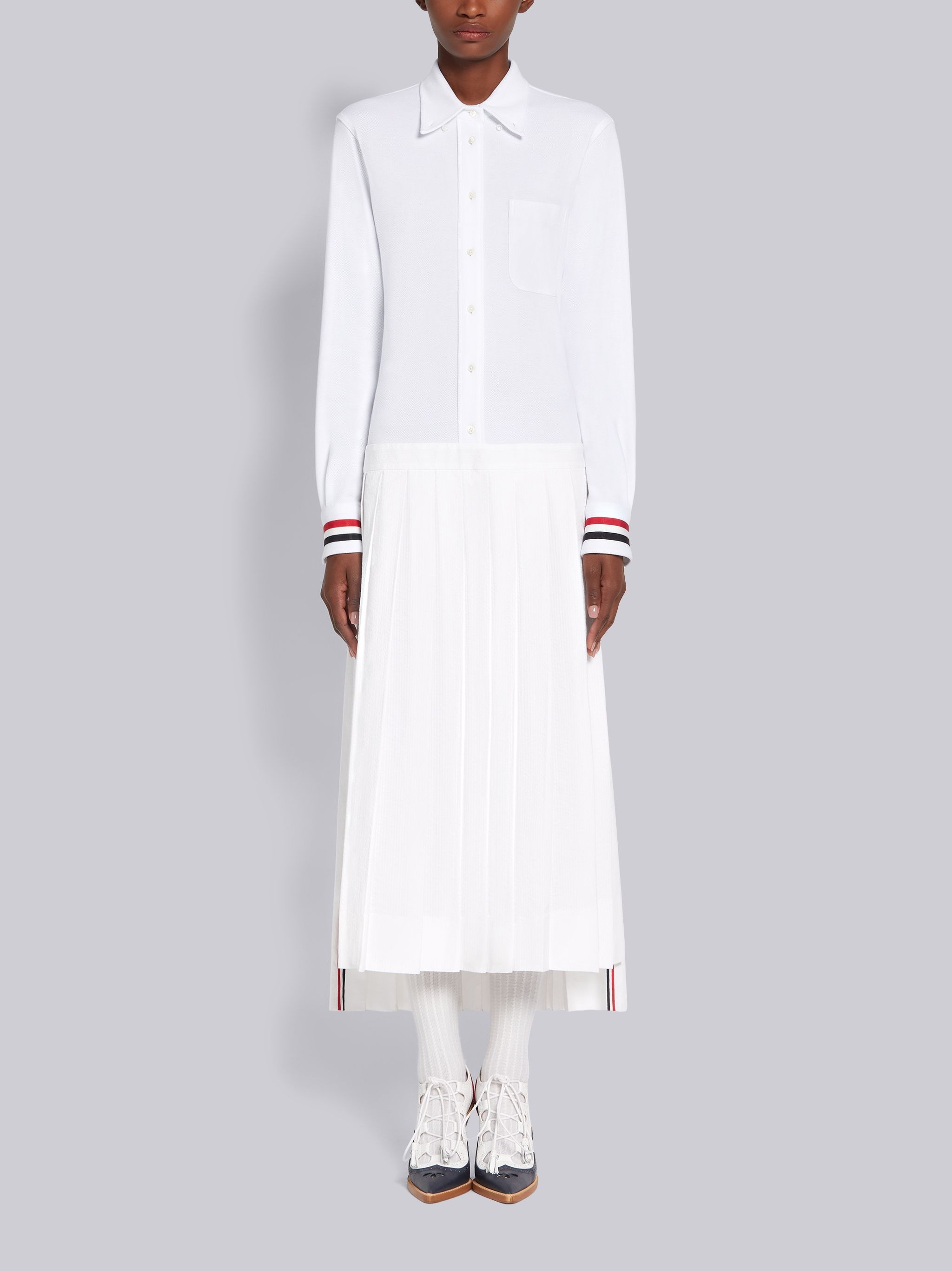 White Cotton Pique Striped Cuff Long Sleeve Ankle Length Pleated Shirtdress - 1