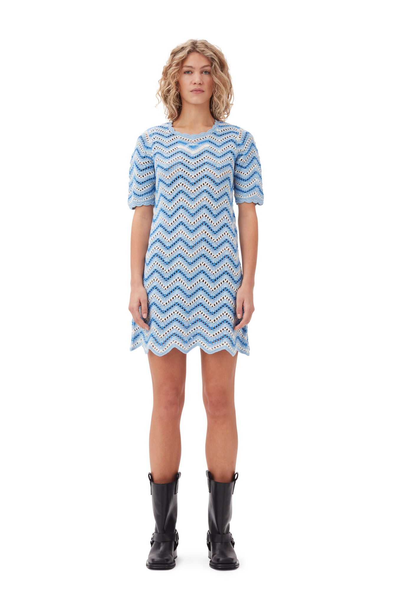 BLUE COTTON CROCHET MINI DRESS - 2