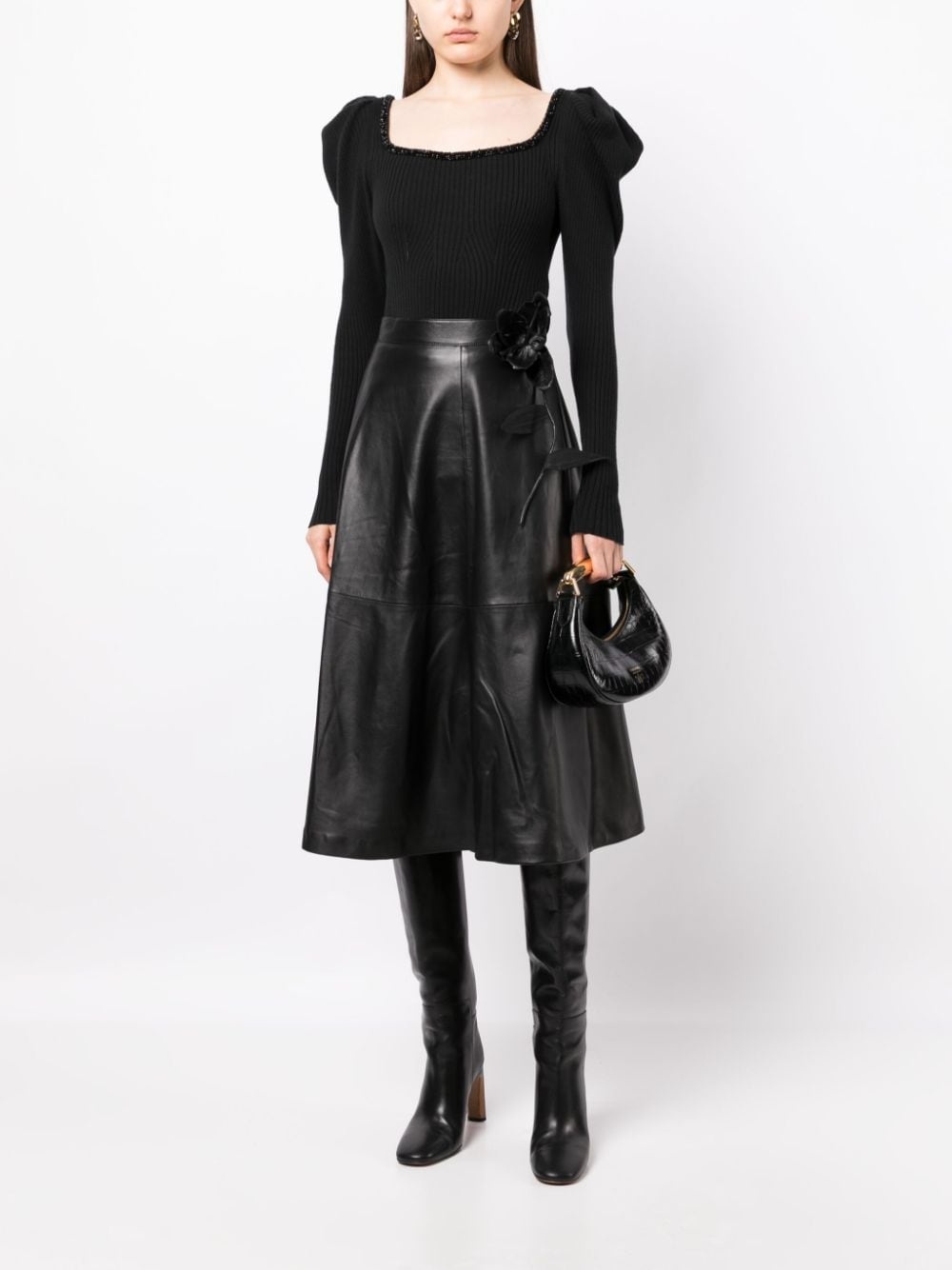 floral-embroidered leather midi skirt - 2