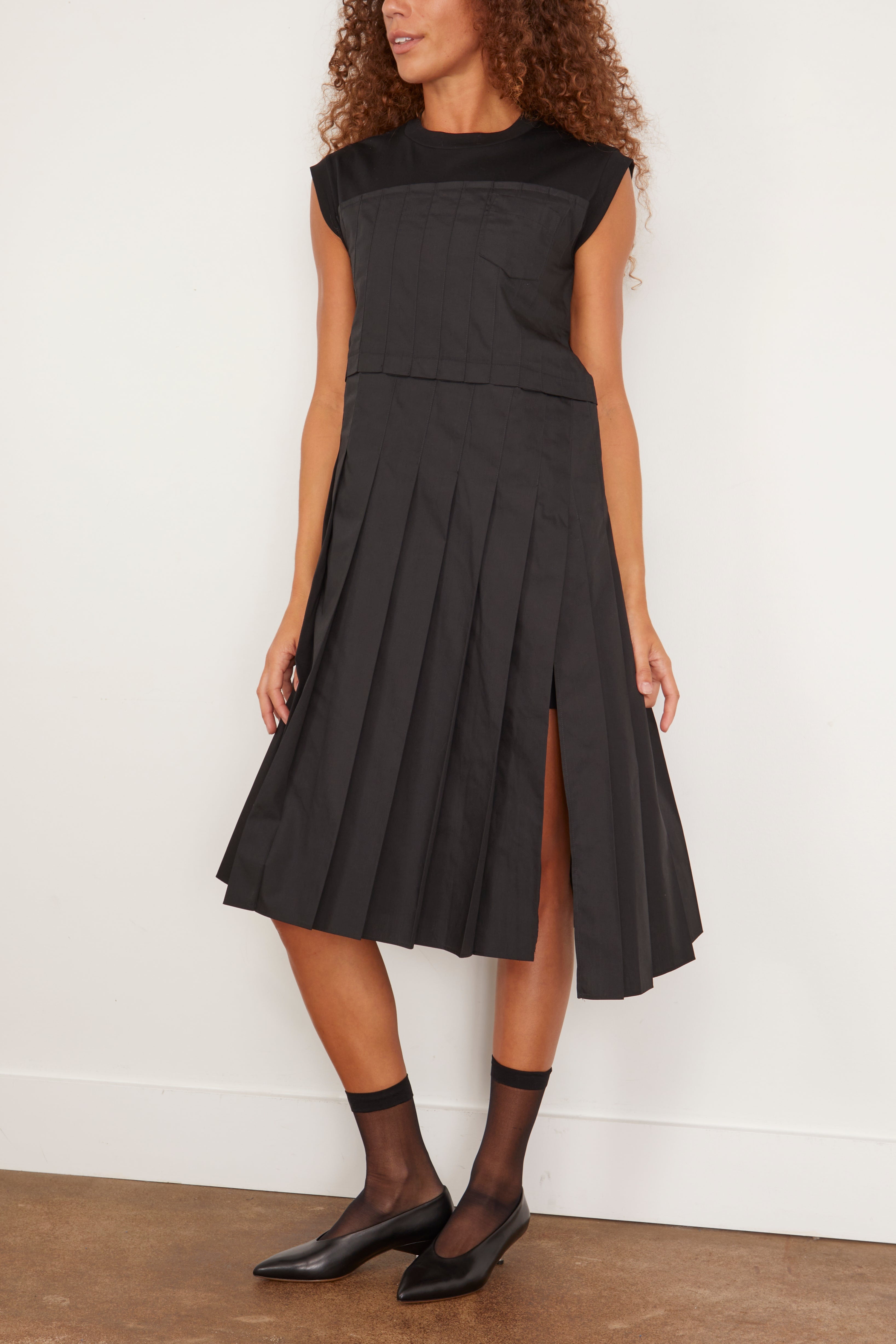 Cotton Poplin x Cotton Jersey Dress in Black - 3