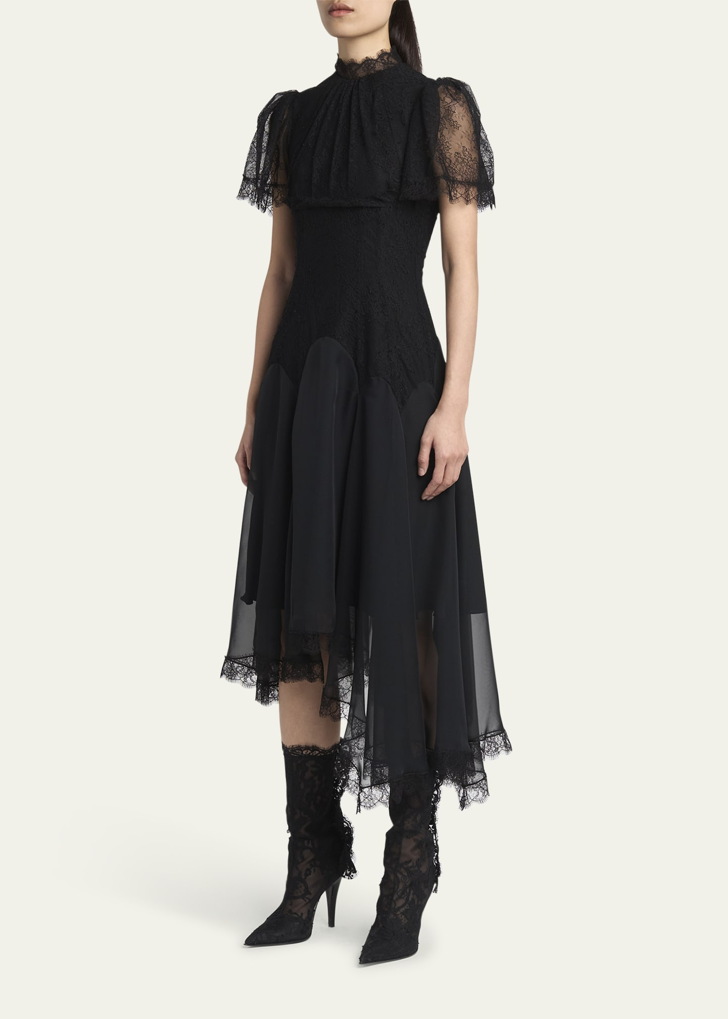 Draped Floral Lace High-Low Midi Dress - 4