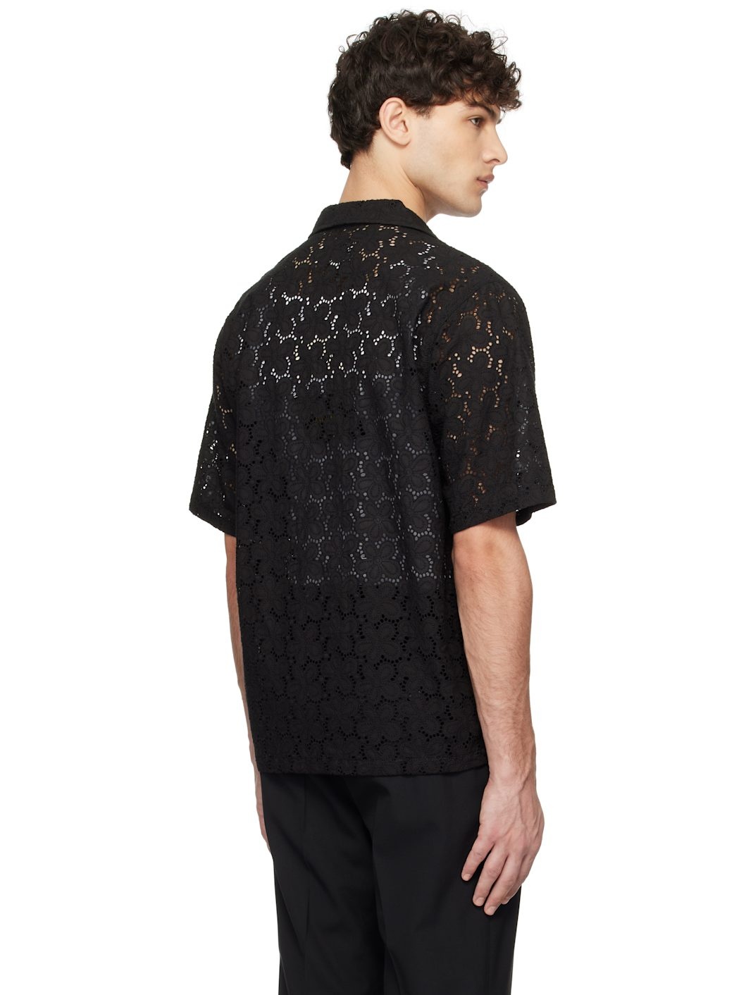 Black Crocheted Cotton Lace Shirt - 3