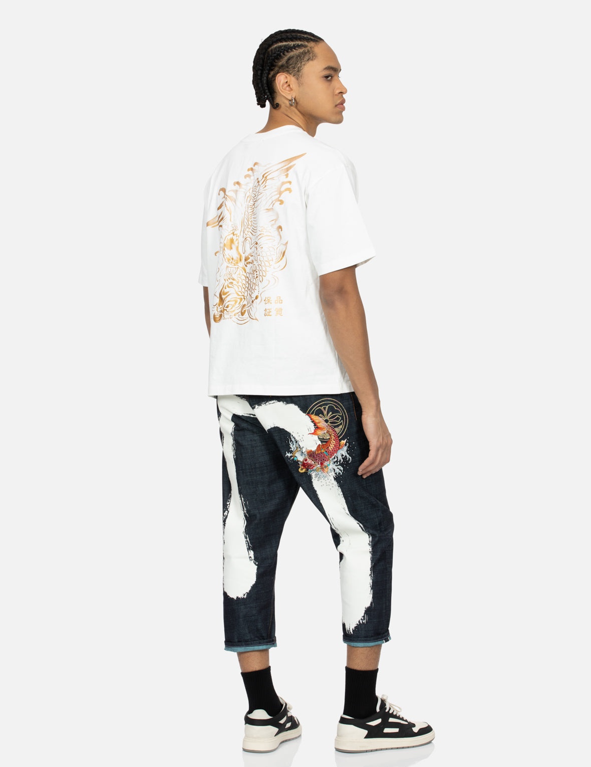 Koi Embroidery and Brushstroke Daicock Print Cropped Jeans #2027 - 3