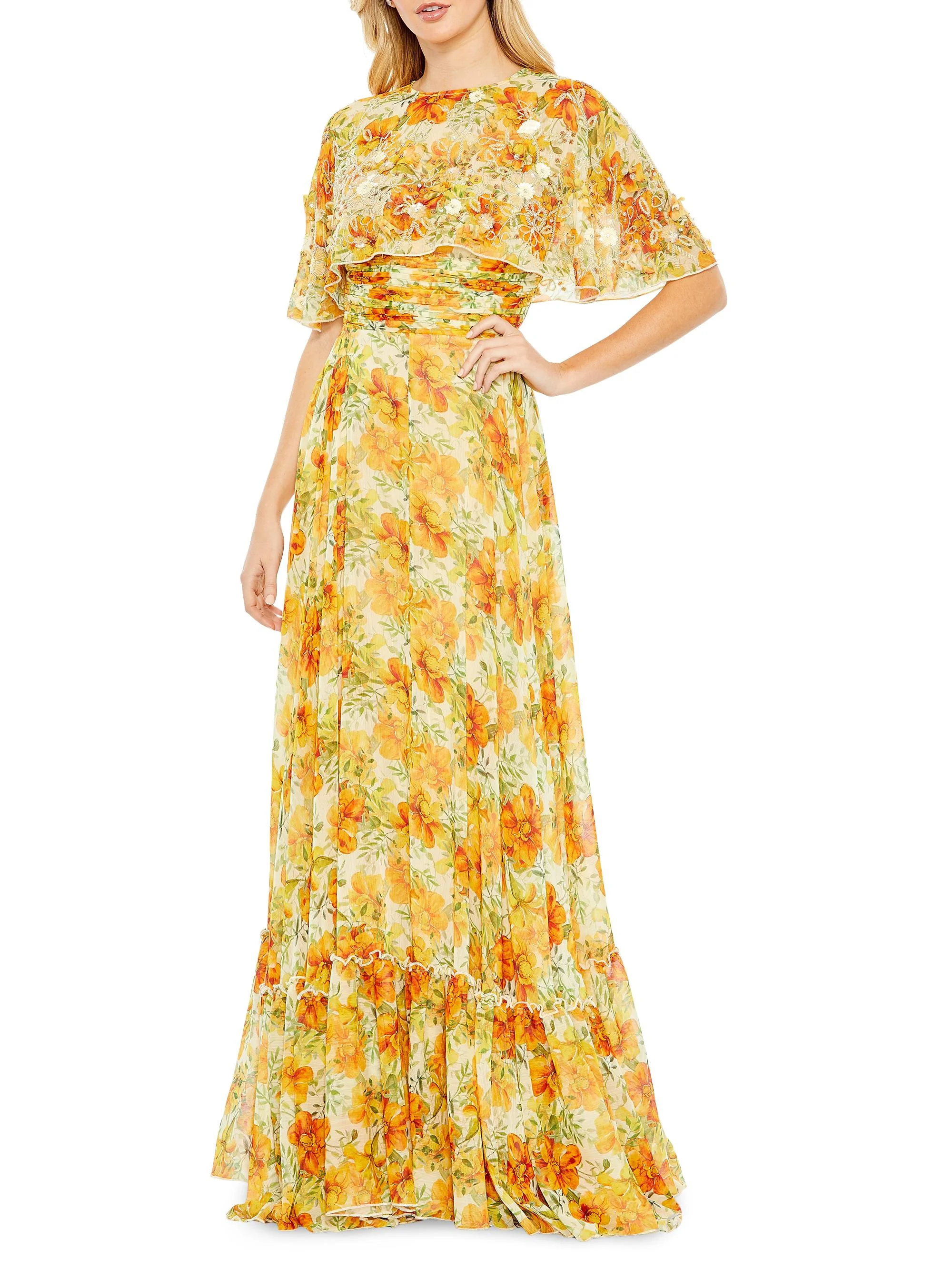 Women's Embellished Floral Cape-Sleeve Gown - Yellow Multi - 1