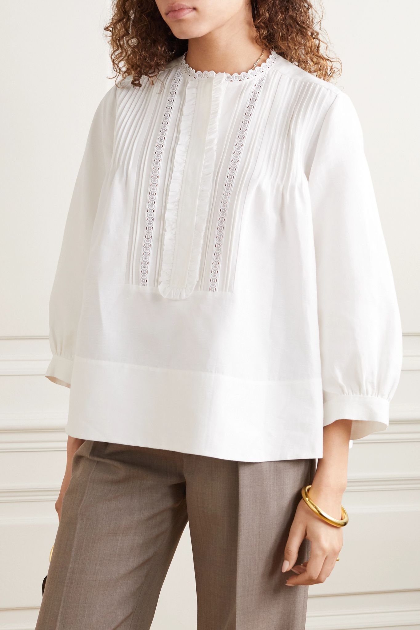 Lace-trimmed linen and cotton-blend blouse - 3