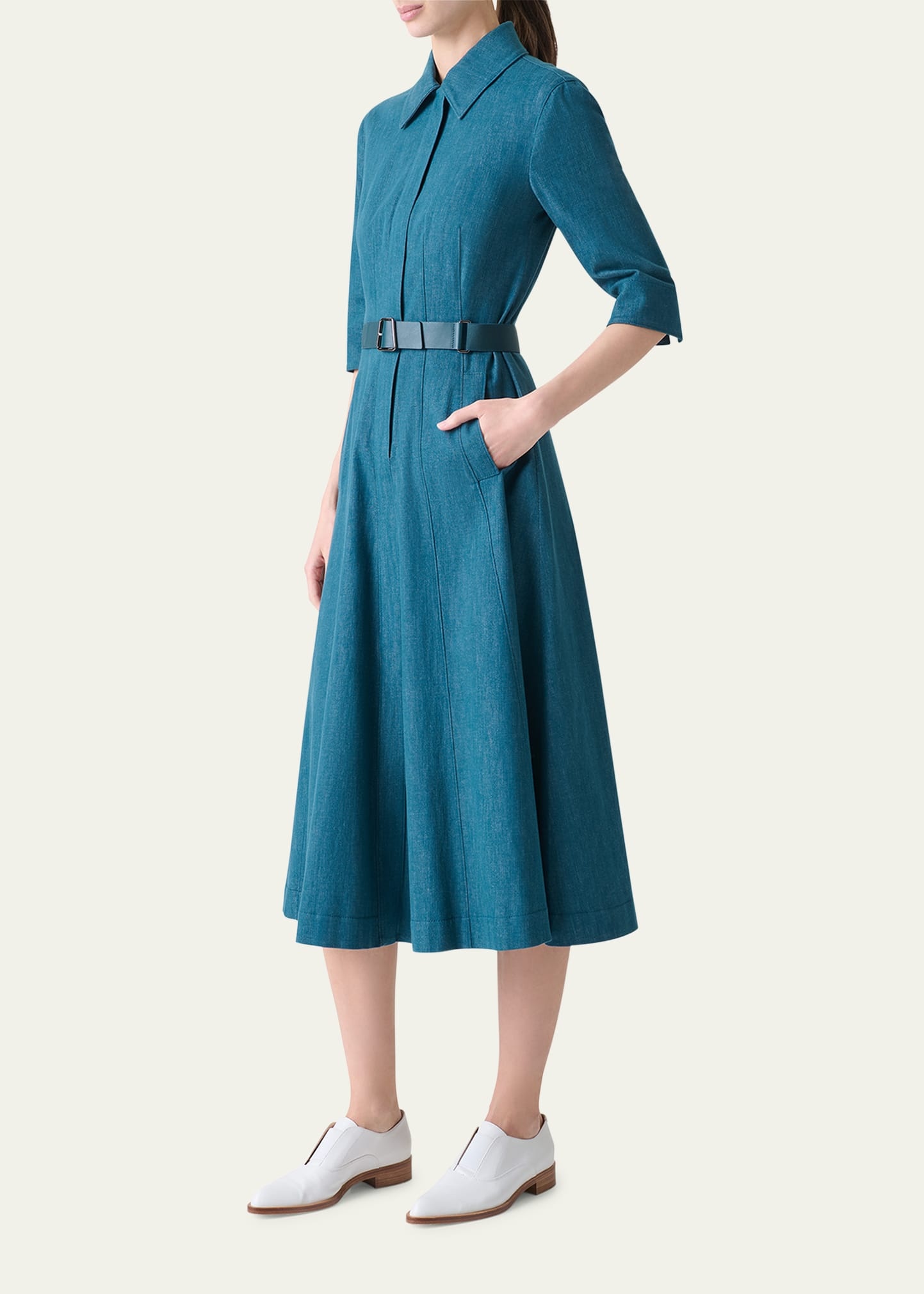 Belted Cotton Denim Stretch Midi Dress - 4