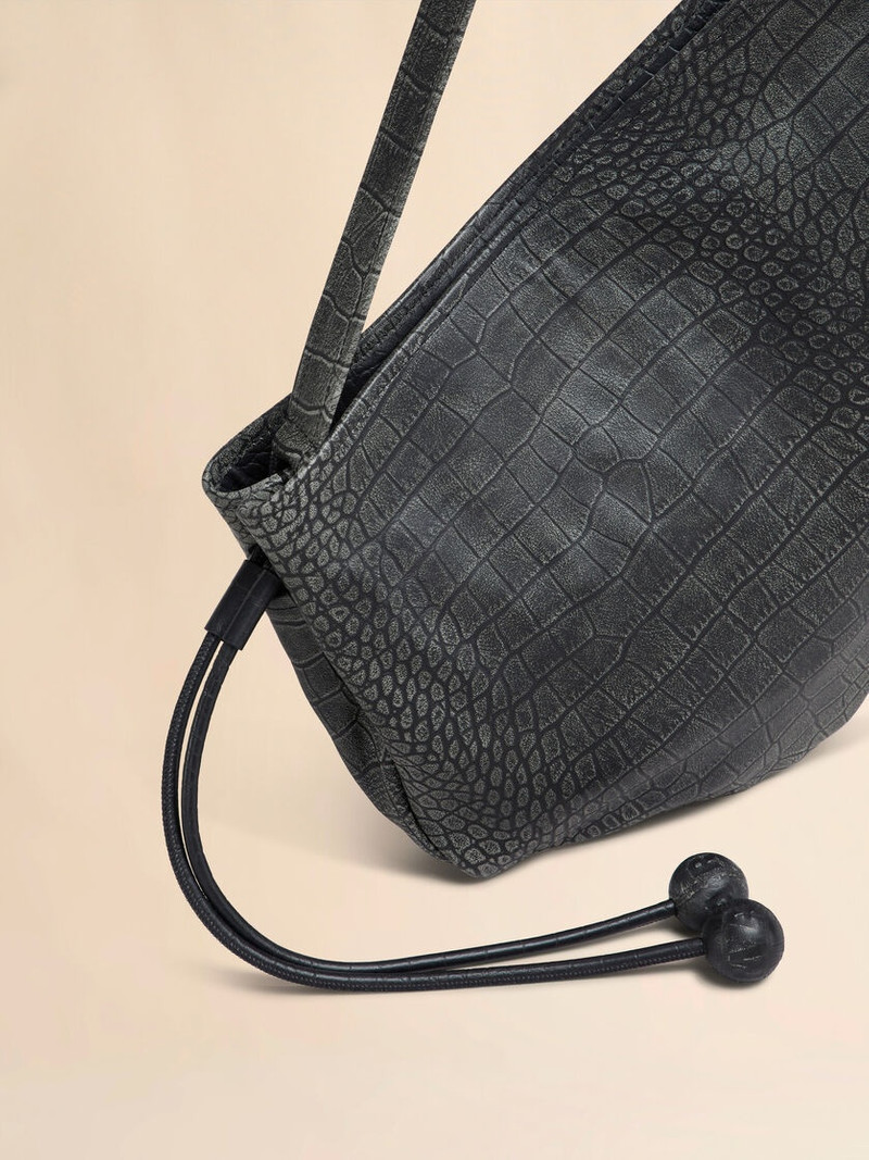 SMALL BLACK CROCODILE PRINT HOBO BAG 4