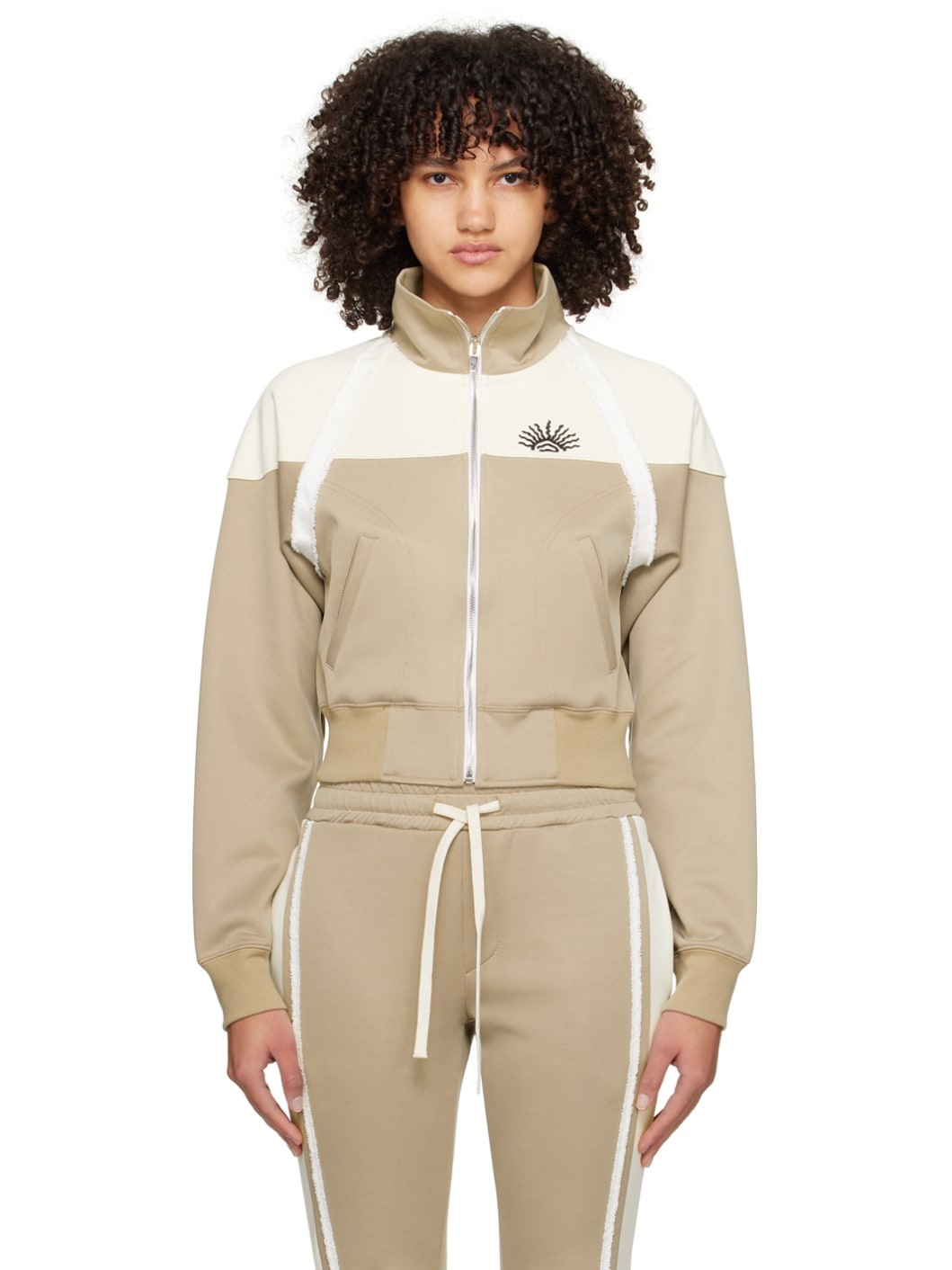 Beige & Off-White Taped Track Jacket - 1