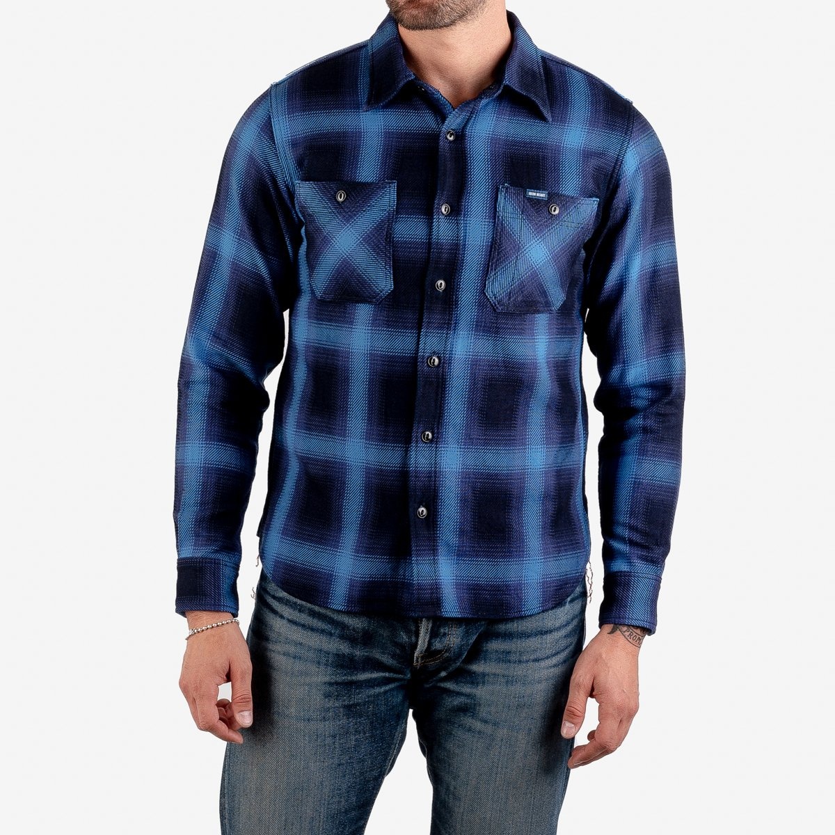 IHSH-349-IND 9oz Selvedge Ombré Check Work Shirt - Indigo - 2