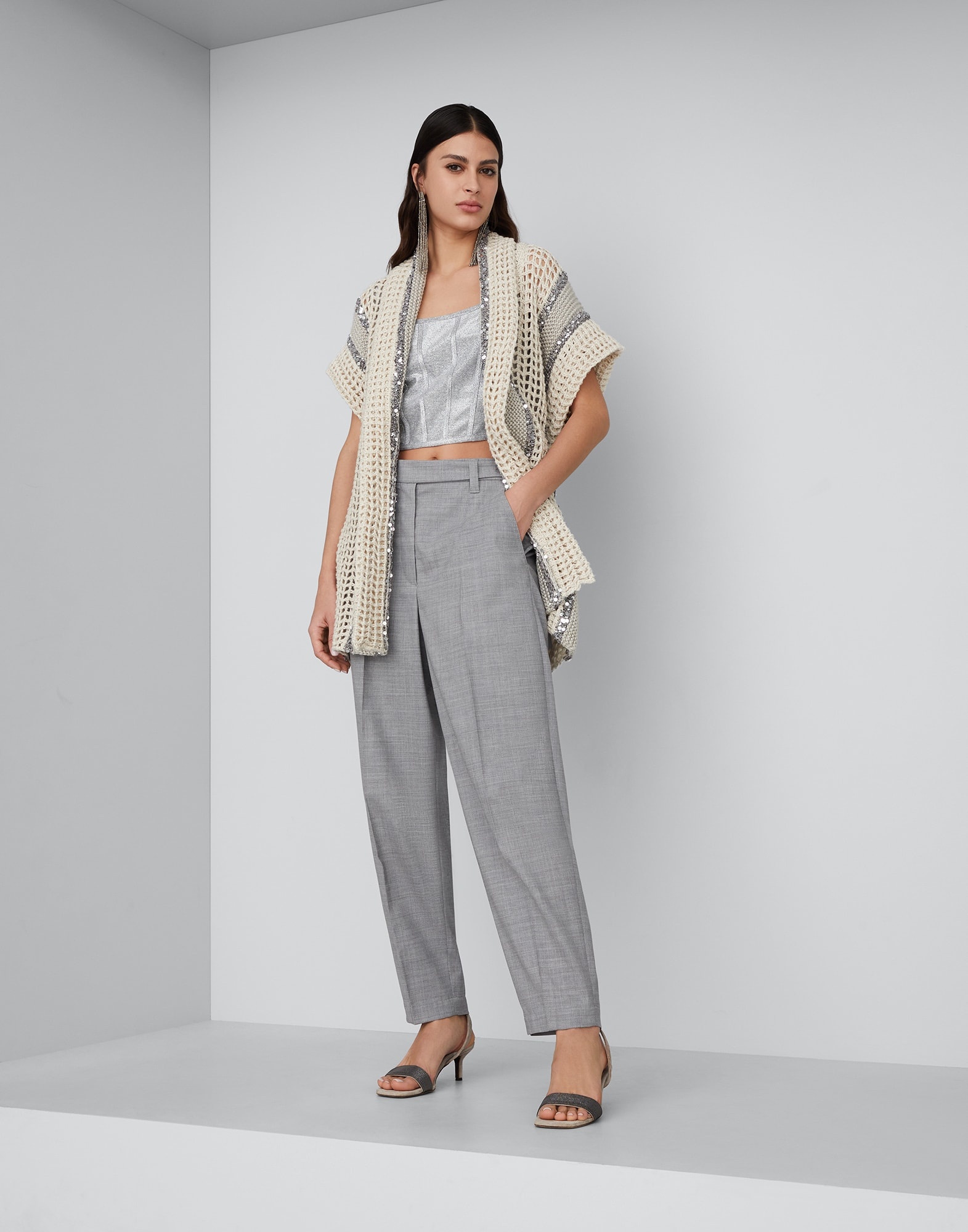 Dazzling stripe net knit cardigan in jute, linen, cotton and silk with belt - 5