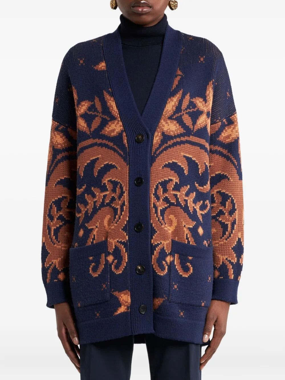 V-Neck Wool Jacquard Cardigan - 2